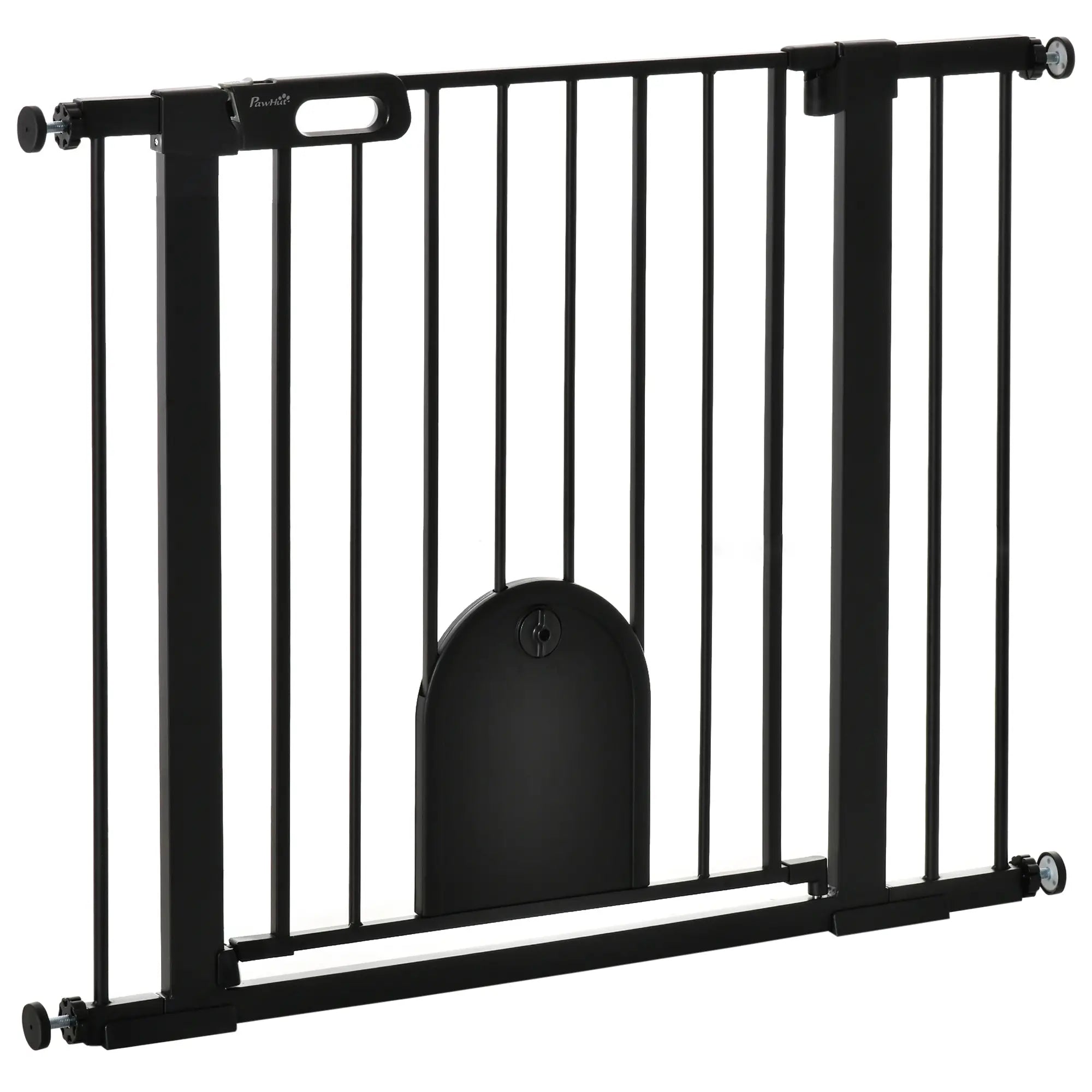 Dog Gate with Cat Flap Pet Safety Gate Barrier, Stair Pressure Fit, Auto Close, Double Locking, for Doorways, Hallways, 75-103 cm Black