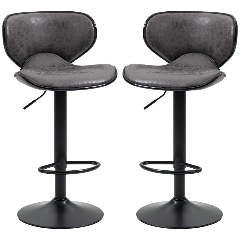 Adjustable Bar Stools Set of 2, Swivel Leathaire Upholstered Barstools with Large Seat, Breakfast Bar Chairs with Back, Footrest and Steel Base, Dark Grey