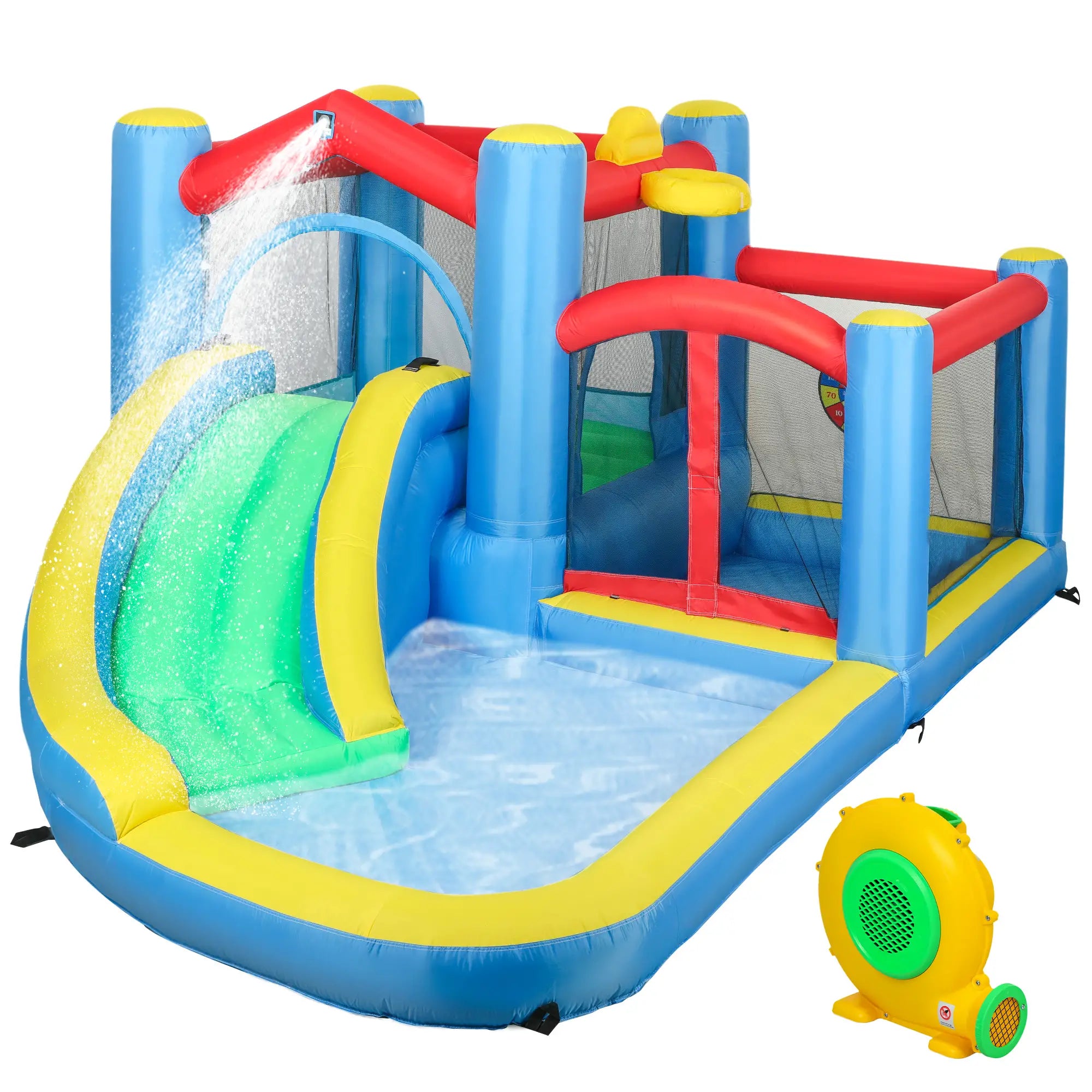 Inflatable Bouncy Castle with 550W Blower, Basketball Hoop, Long Slide, Dart Board, Carrying Bag, 385 x 290 x 180 cm