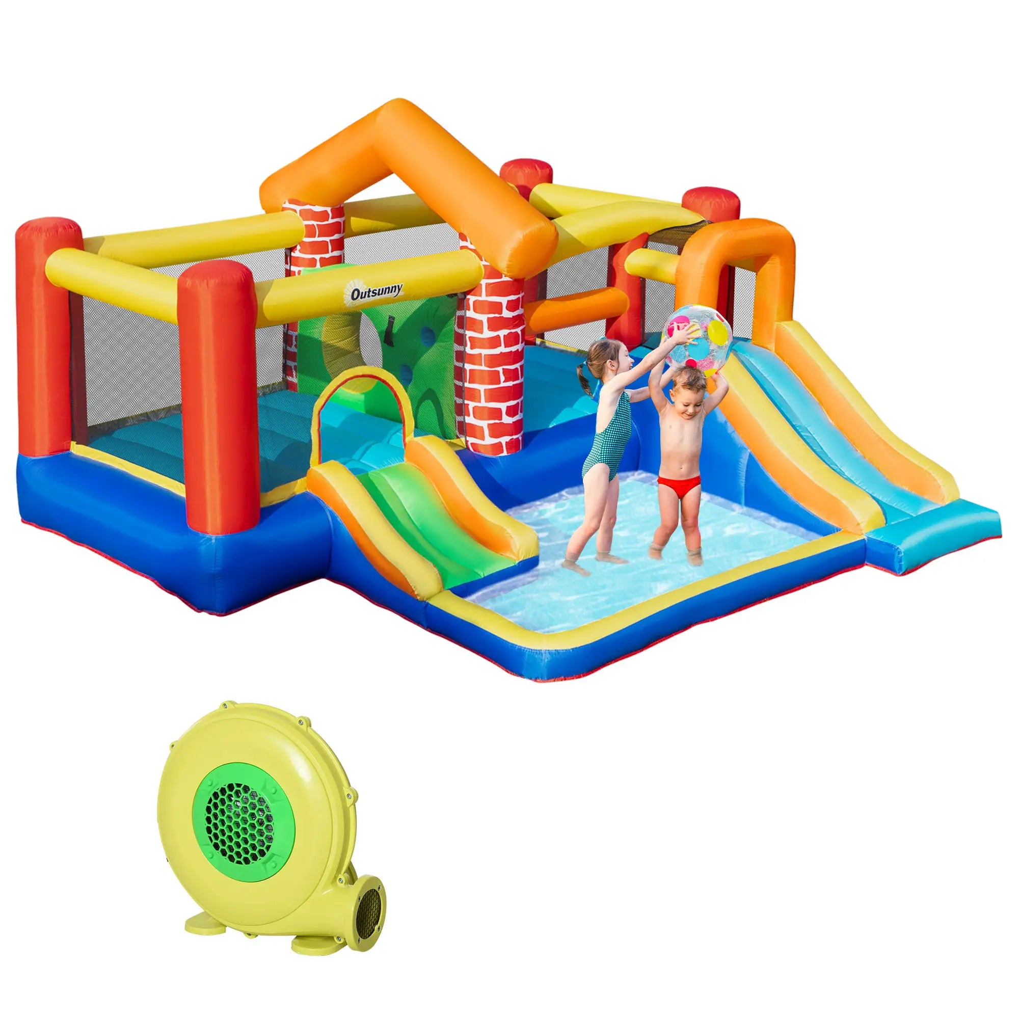 4 in 1 Kids Bouncy Castle Extra Large Double Slides & Trampoline Design Inflatable House Pool Climbing Wall with Blower Carrybag for Kids Age 3-8, 3.8 x 3.7 x 2.3m