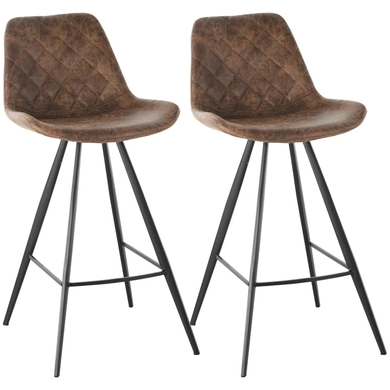 Set Of 2 Bar Stools Vintage Microfiber Cloth Tub Seats Padded Comfortable Steel Frame Footrest Quilted Home Bar Cafe Kitchen Chair Stylish Brown