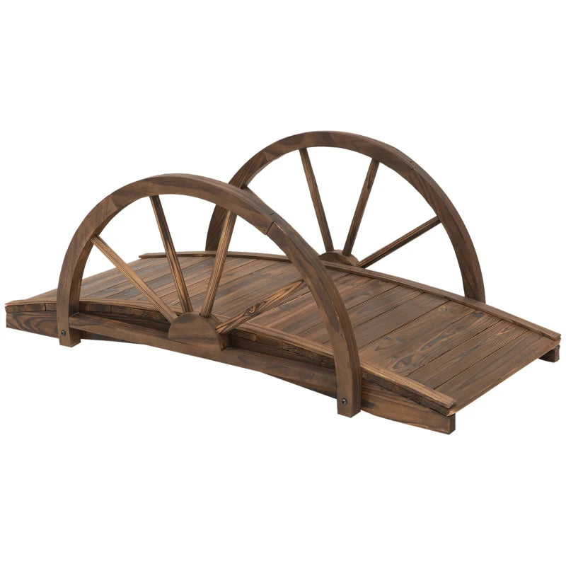 Wooden Garden Bridge Lawn Décor Stained Finish Arc Outdoor Pond WalkwayYard Decoration Half Wheeled Railings 100L x 50W x 37Hcm
