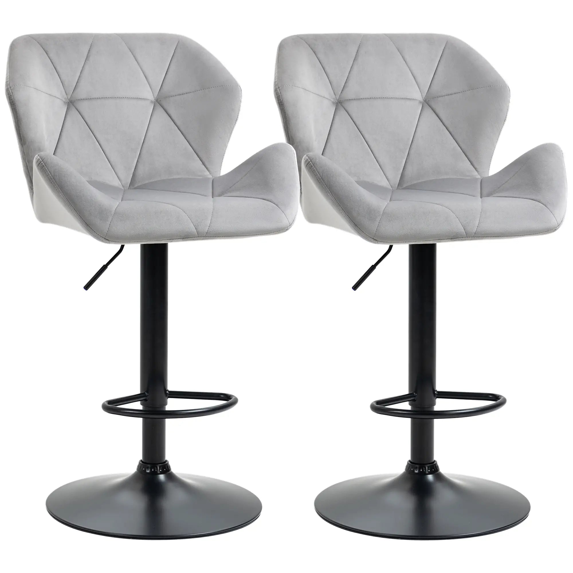 Bar Stools Set Of 2, Luxurious Velvet-Touch Barstools with Metal Frame Footrest Round Base Triangle Indenting Moulded Seat Adjustable Height Swivel Grey Bargain Clearance Centre