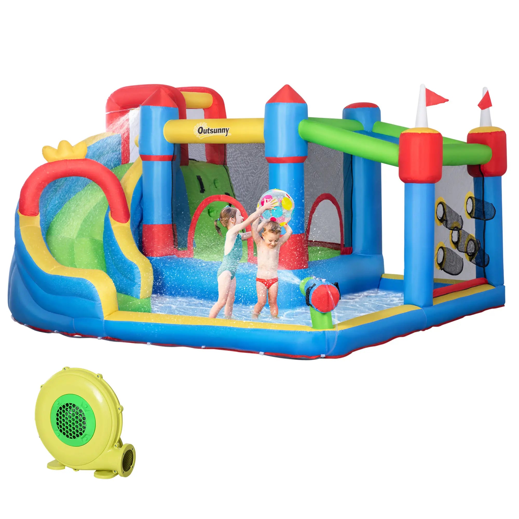 Kids Inflatable Bouncy Castle Water Slide 6 in 1 Bounce House Jumping Castle Water Gun Climbing Wall with Air Blower for Age 3-8, 3.9 x 3 x 2m