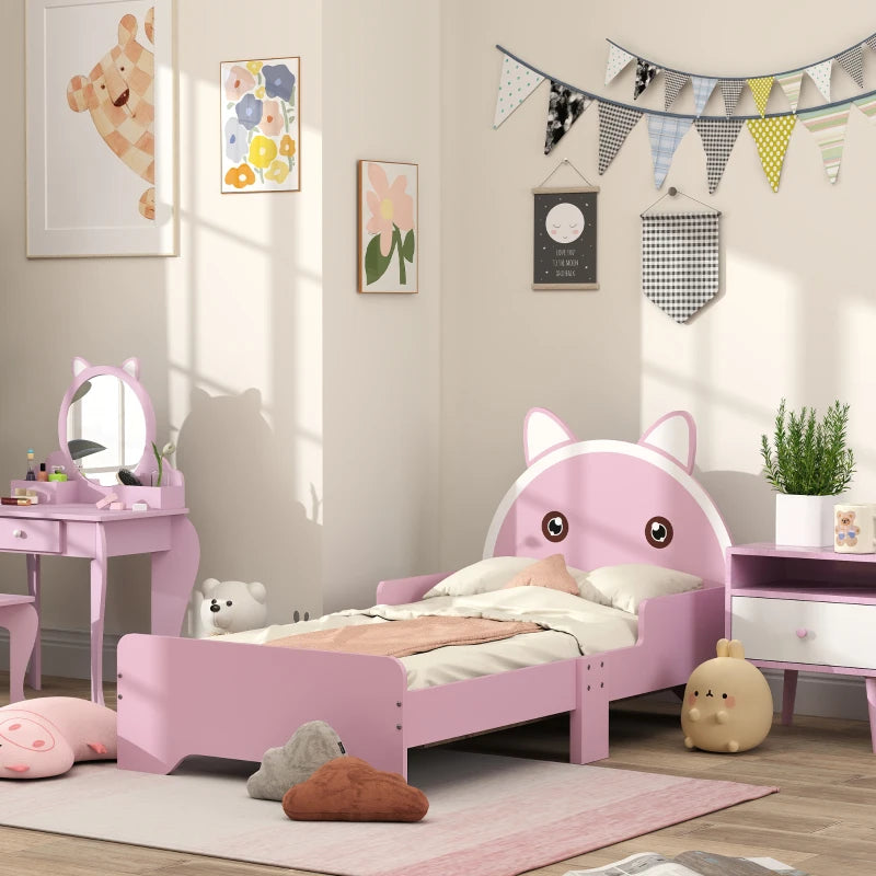 Bed for Kids Cat Design Toddler Bed Frame Bedroom Furniture with Guardrails, for 3-6 Years, 143L x 74W x 72Hcm - Pink
