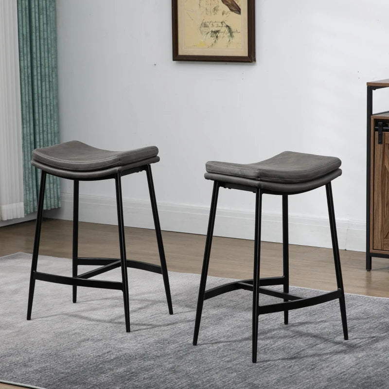 Breakfast Bar Stools Set of 2, Microfibre Upholstered Barstools, Industrial Bar Chairs with Curved Seat and Steel Frame for Dining Room, Kitchen, Grey