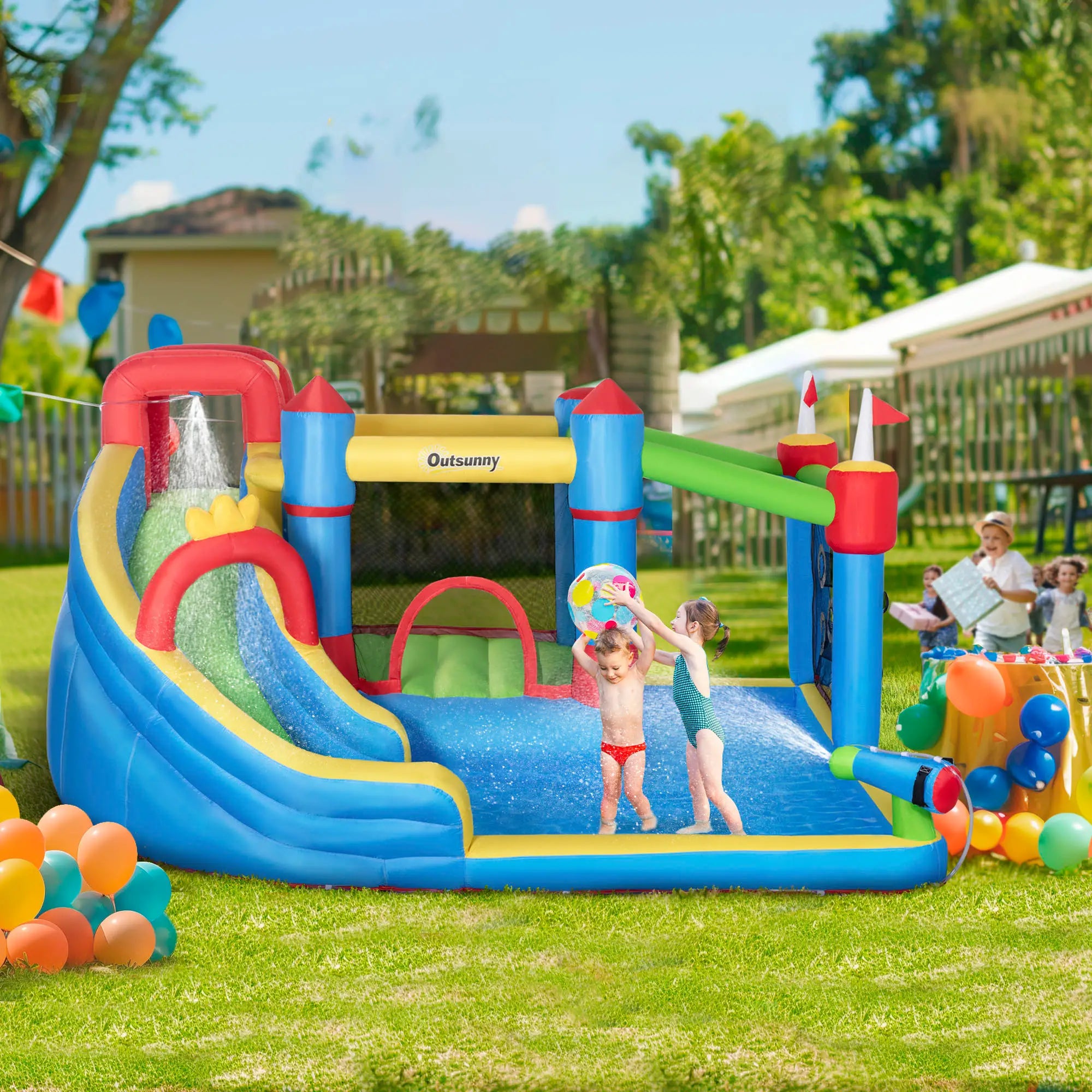 Kids Inflatable Bouncy Castle Water Slide 6 in 1 Bounce House Jumping Castle Water Gun Climbing Wall with Air Blower for Age 3-8, 3.9 x 3 x 2m