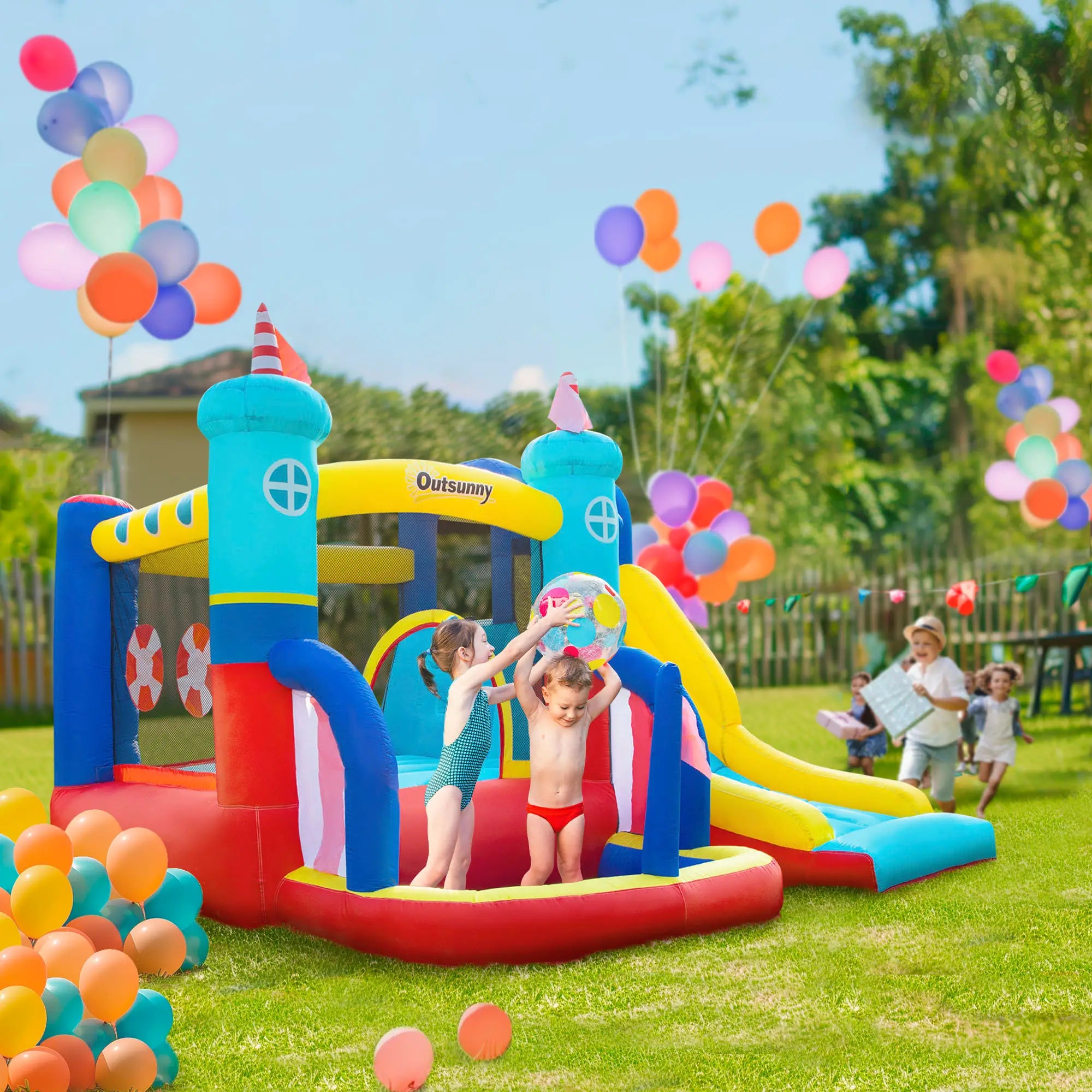 4 in 1 Kids Bouncy Castle Large Sailboat Style Inflatable House Slide Trampoline Water Pool Climbing Wall with Blower Carrybag for Kids Age 3-8, 2.65 x 2.6 x 2m