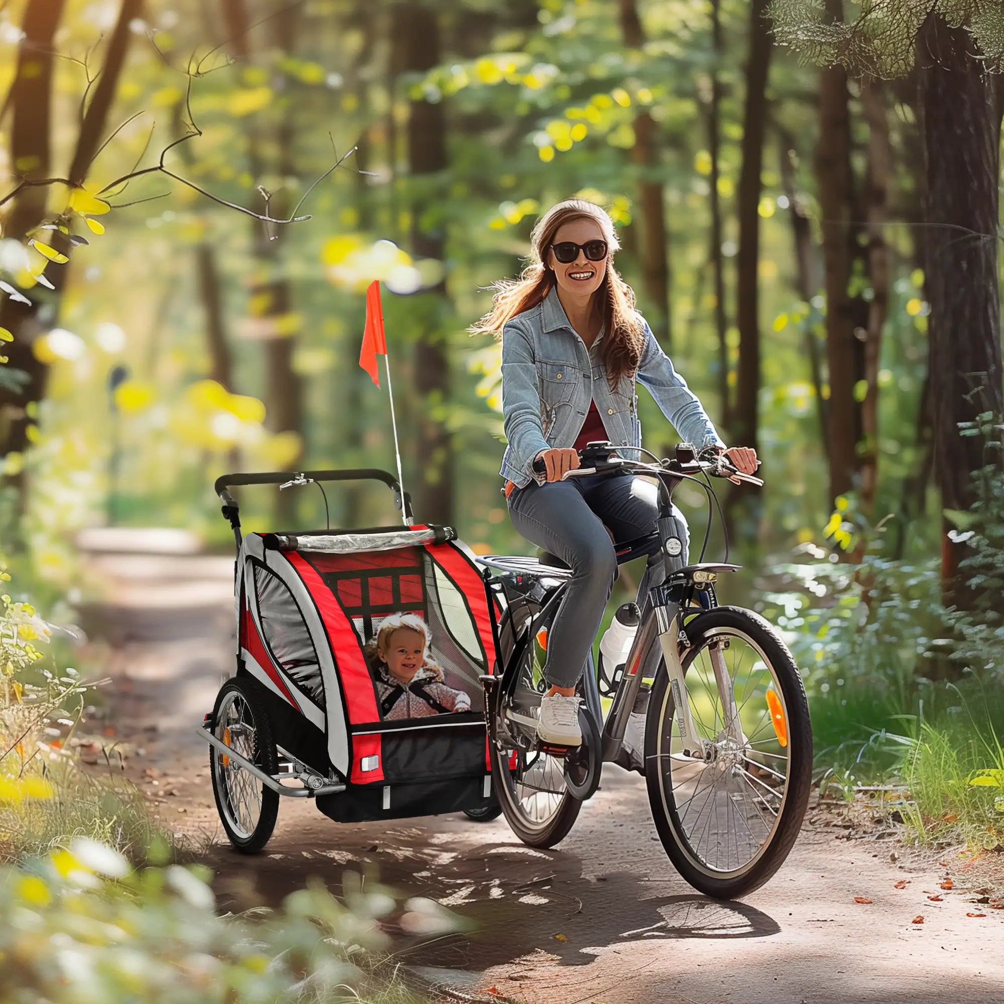 Baby Bike Trailer, Child Bicycle Trailer with 5 Point Harness, Steel Frame, Reflectors, Safety Flag, Hitch Coupler, Red