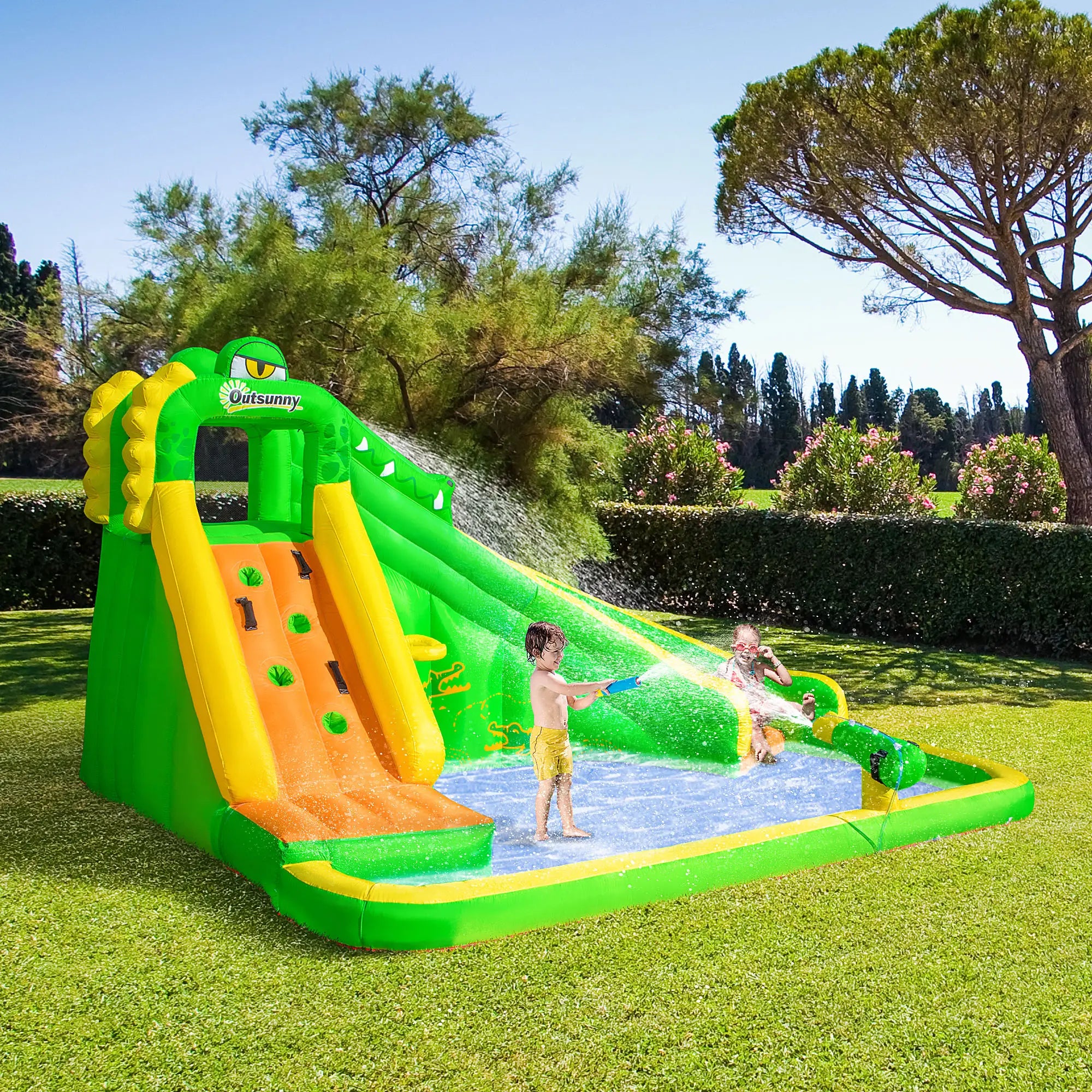 5 in 1 Kids Bouncy Castle Large Crocodile Style Inflatable House Slide Basket Water Pool Gun Climbing Wall with Blower Carrybag for Kids Age 3-8, 3.85 x 2.85 x 2.25m
