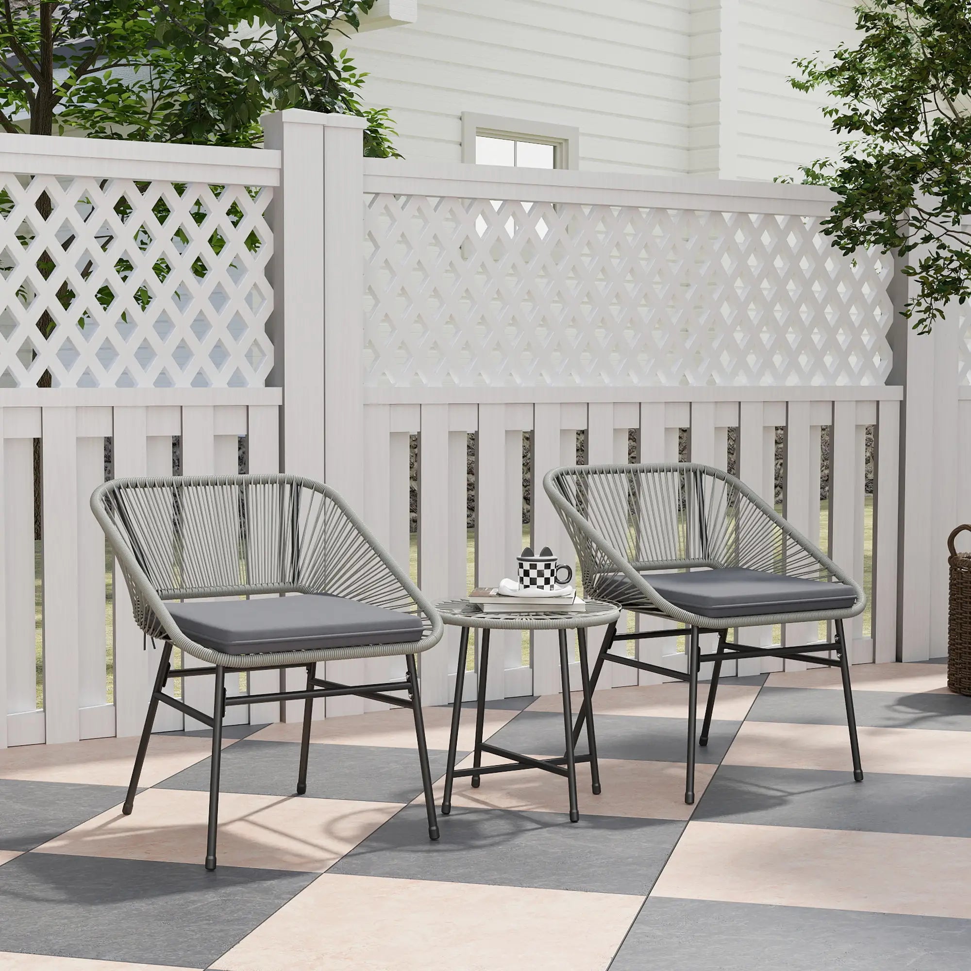 3 Pieces Rattan Bistro Set, Wicker Small Garden Table and Chairs Set with Cushions and Glass Top Coffee Table, Bistro Garden Furniture Set for Outdoor, Patio, Balcony, Light Grey