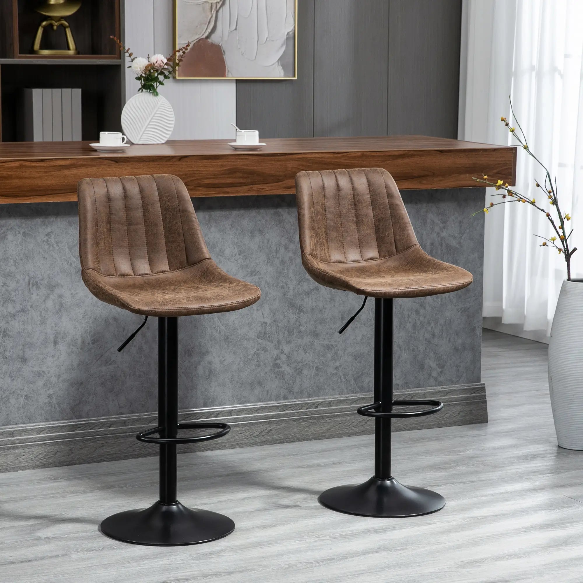 Bar Stools Set of 2, Swivel Counter Height Barstools with Back, Adjustable Bar Chairs, Breakfast Dining Stools for Kitchen Island Counter with Adjustable Steel Footrest & Base, Brown 5