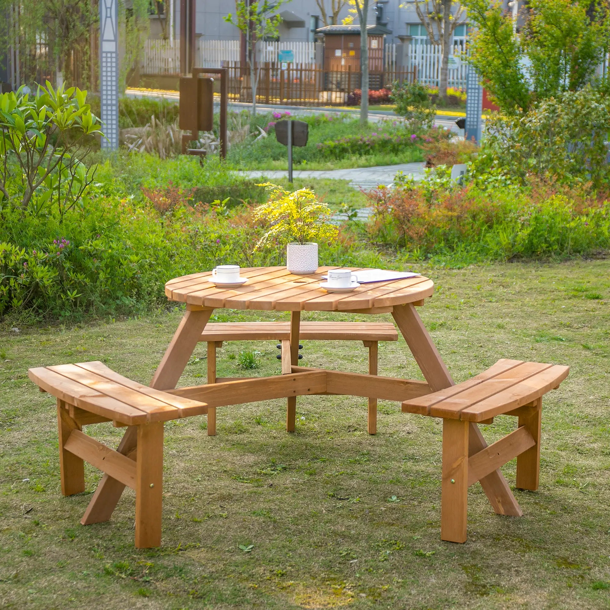 6 Seater Wooden Picnic Table and Garden Benches Set, Round Garden Dining Set with 3 Benches and Umbrella Hole Outdoor Garden Park, Brownish Red