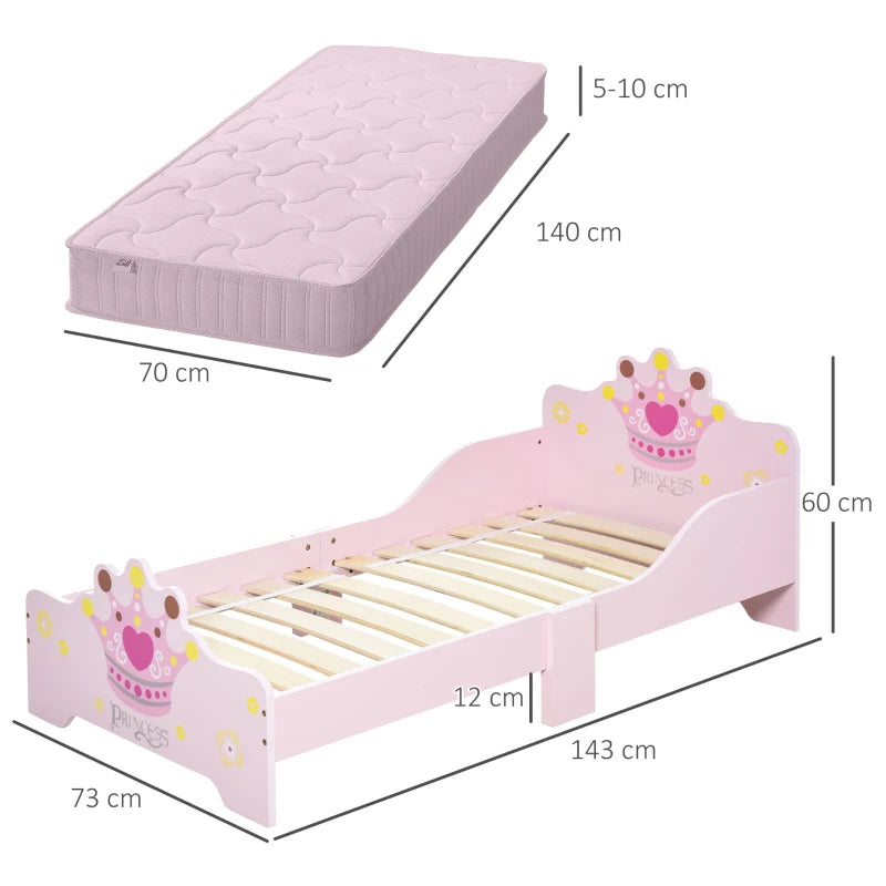 Kids Toddler Bed Princess Crown Theme Safety Side Rails Slats Home Bedroom Furniture Boys Girls 3-6 Yrs Pink 143 x 73 x 60 cm