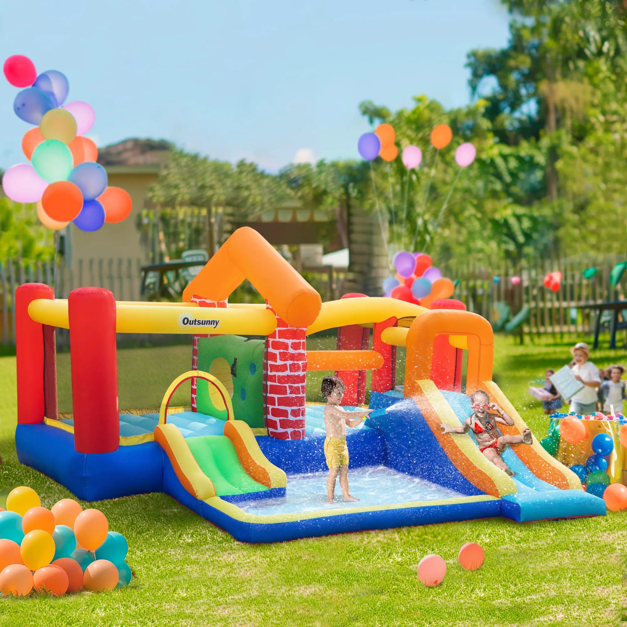 4 in 1 Kids Bouncy Castle Extra Large Double Slides & Trampoline Design Inflatable House Pool Climbing Wall with Blower Carrybag for Kids Age 3-8, 3.8 x 3.7 x 2.3m
