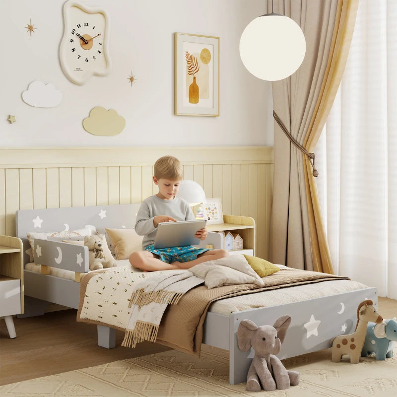 Kids Toddler Bed, with Star and Moon Patterns, Side Rails, for Ages 3-6 Years - Grey