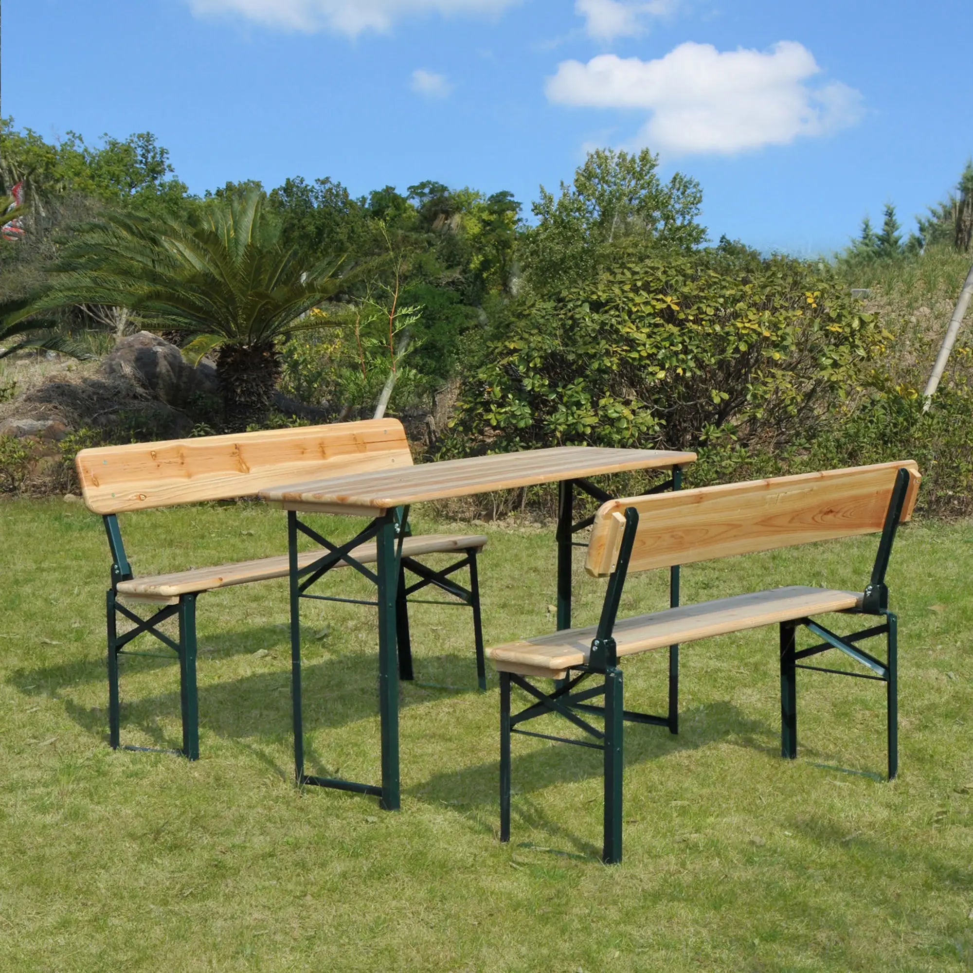 Portable Folding Camping Picnic Trestle Beer Table and 2 Bench Set Wooden Garden Furniture Patio Dining Party BBQ Chairs Stools