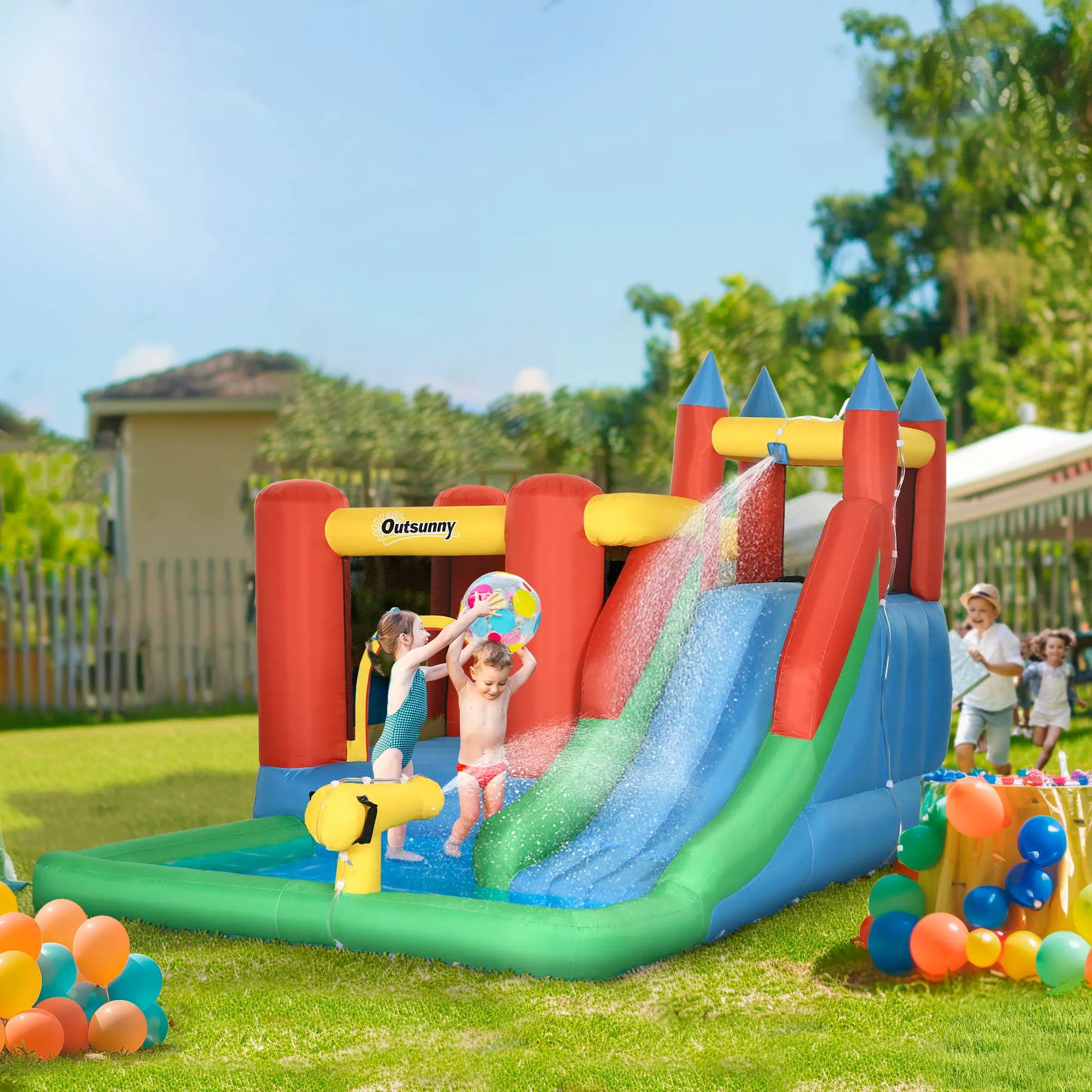 Kids Inflatable Bouncy Castle Water Slide 6 in 1 Bounce House Jumping Castle Water Pool Gun Climbing Wall Basketball Hoop with Air Blower for Summer Playland