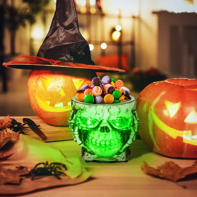 5.5" Skeleton Candy Bowl Outdoor Halloween Decoration, Halloween Prop with Sound Activated, Light Up Eyes, Sound Effects for Haunted House
