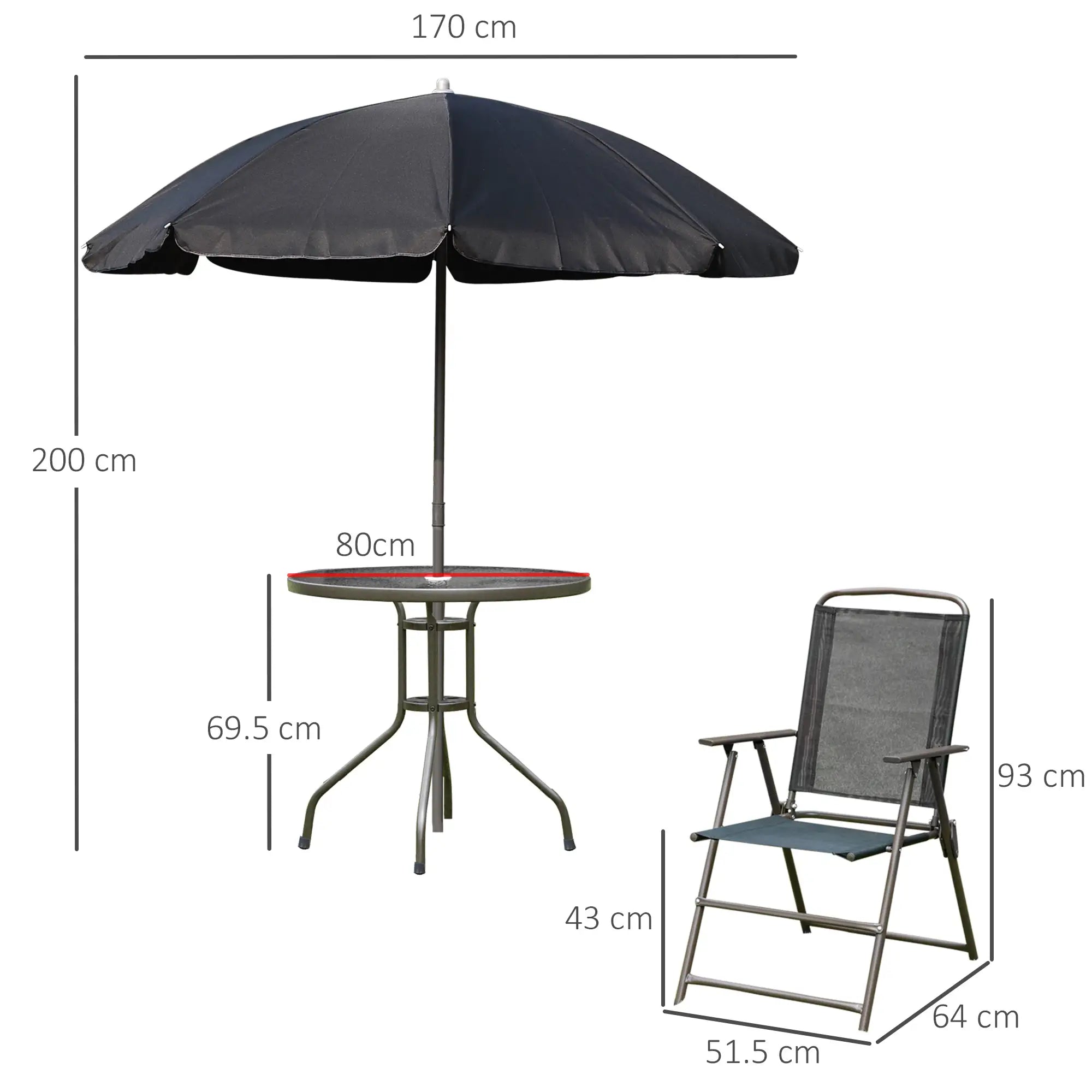 6 Piece Garden Dining Set with Umbrella, Patio Sets with Parasol with 4 Folding Dining Chairs & Round Tempered Glass Table, Black