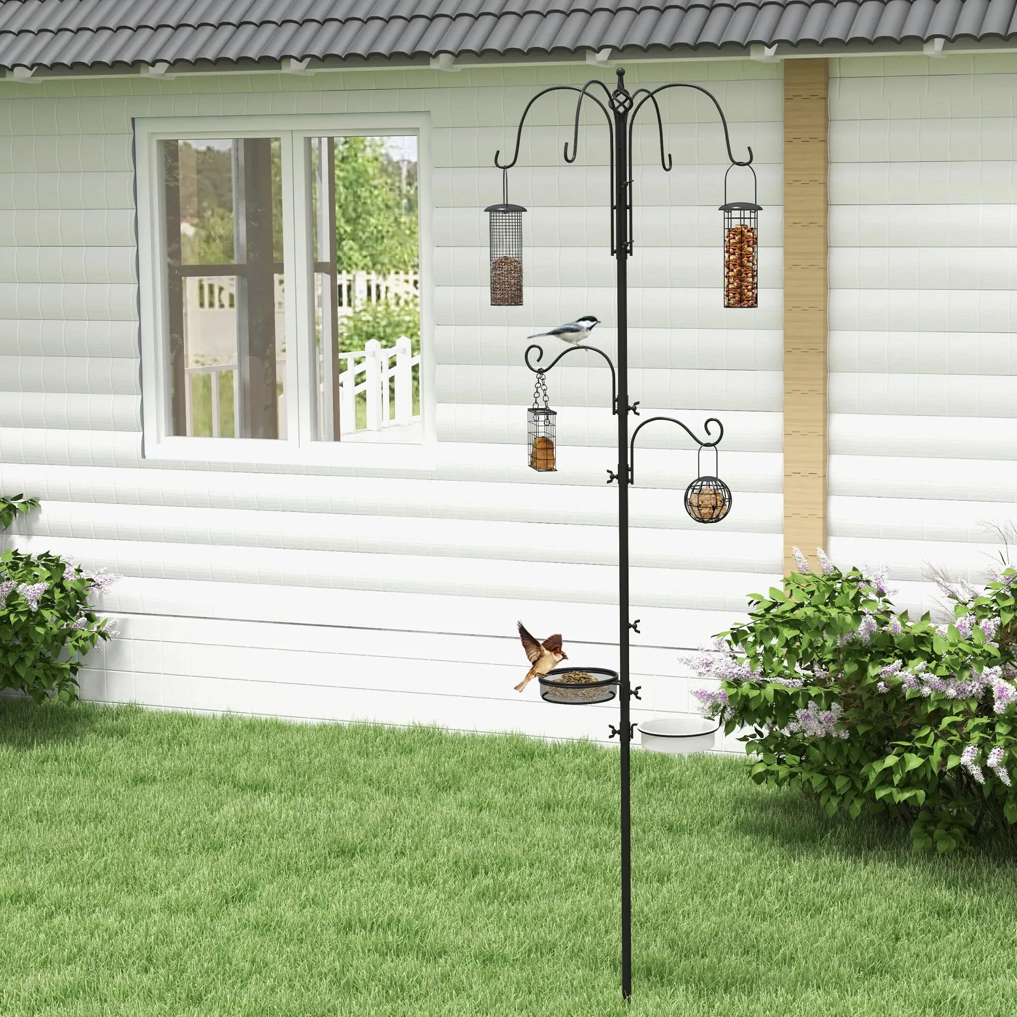 Bird Feeding Station Kit, Wild Bird Feeder Pole with 6 Hooks, 4 Hanging Feeders for Peanuts, Seed, Fat Balls, for Garden, Outdoor, Black