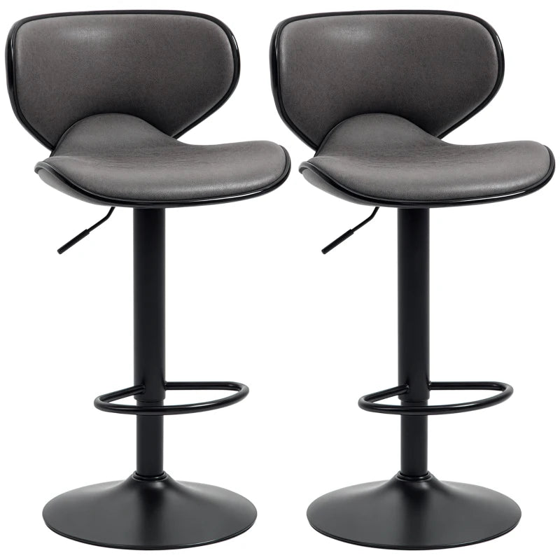 Adjustable Bar Stools Set of 2, Swivel Leathaire Upholstered Barstools with Large Seat, Breakfast Bar Chairs with Back, Footrest and Steel Base, Dark Grey