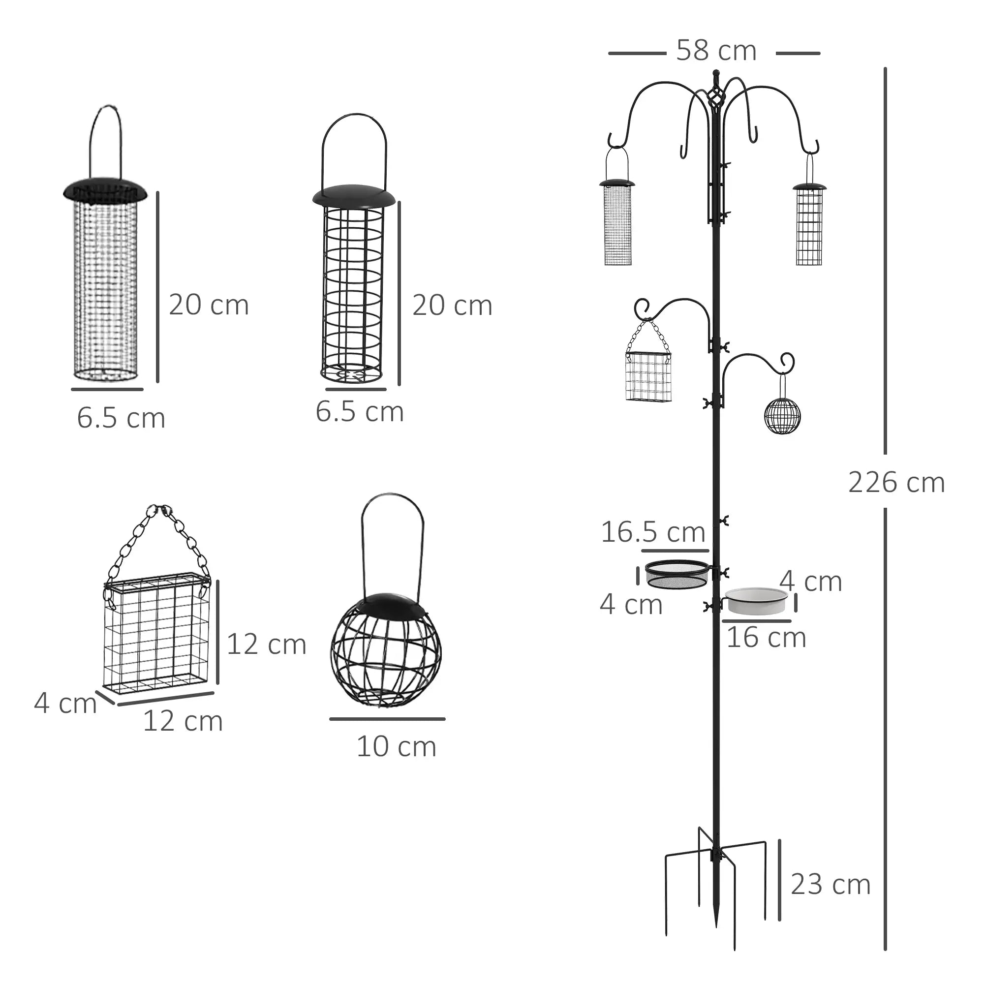Bird Feeding Station Kit, Wild Bird Feeder Pole with 6 Hooks, 4 Hanging Feeders for Peanuts, Seed, Fat Balls, for Garden, Outdoor, Black