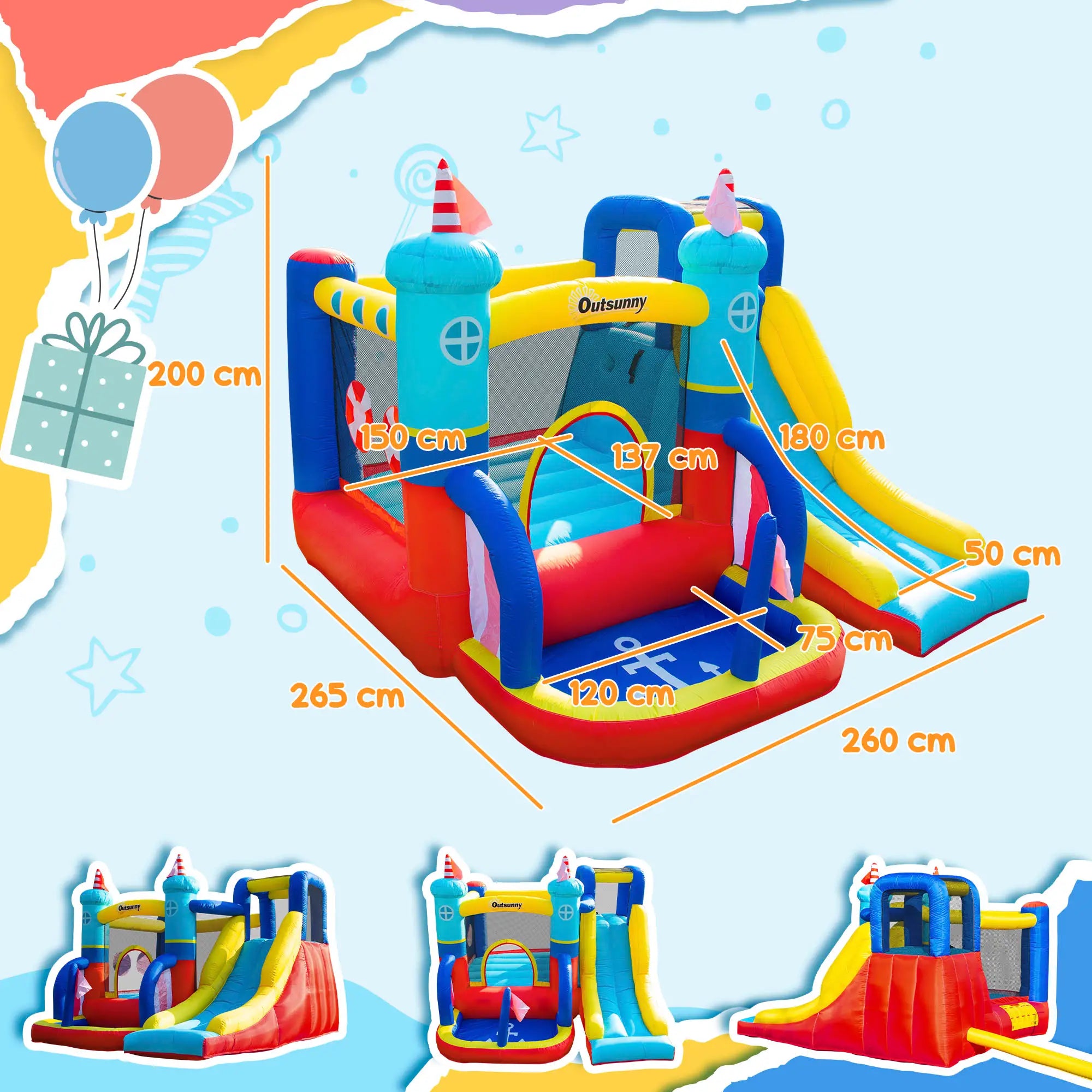 4 in 1 Kids Bouncy Castle Large Sailboat Style Inflatable House Slide Trampoline Water Pool Climbing Wall with Blower Carrybag for Kids Age 3-8, 2.65 x 2.6 x 2m