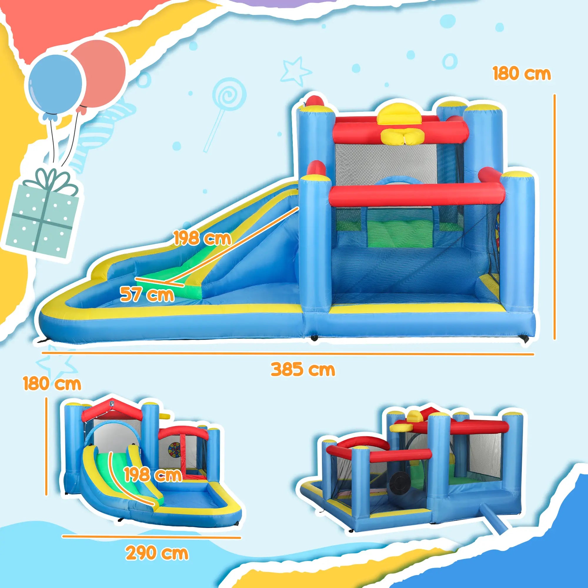 Inflatable Bouncy Castle with 550W Blower, Basketball Hoop, Long Slide, Dart Board, Carrying Bag, 385 x 290 x 180 cm
