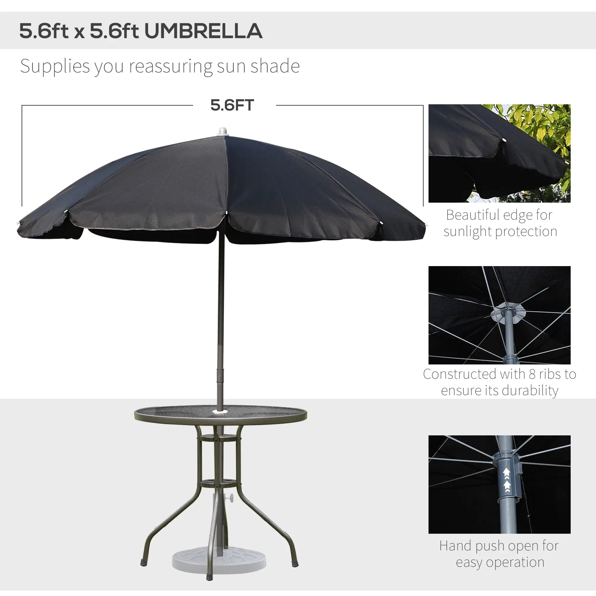 6 Piece Garden Dining Set with Umbrella, Patio Sets with Parasol with 4 Folding Dining Chairs & Round Tempered Glass Table, Black