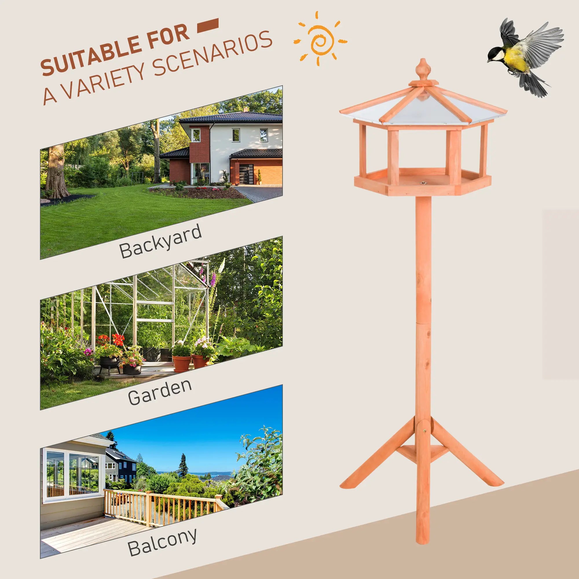 Wooden Bird Table Free Standing Feeder Garden Sheltered Feeding Station Parrot Stand Birdhouse Φ40x113cm