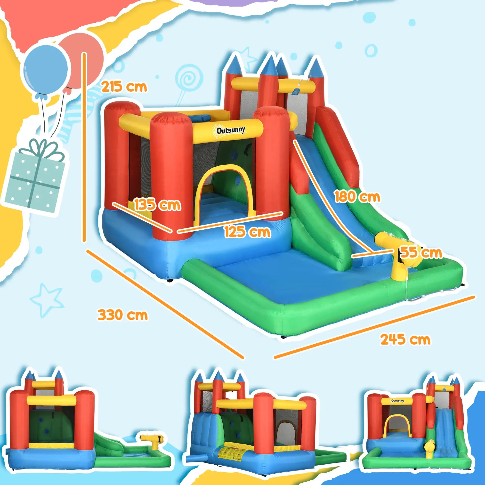 Kids Inflatable Bouncy Castle Water Slide 6 in 1 Bounce House Jumping Castle Water Pool Gun Climbing Wall Basketball Hoop with Air Blower for Summer Playland