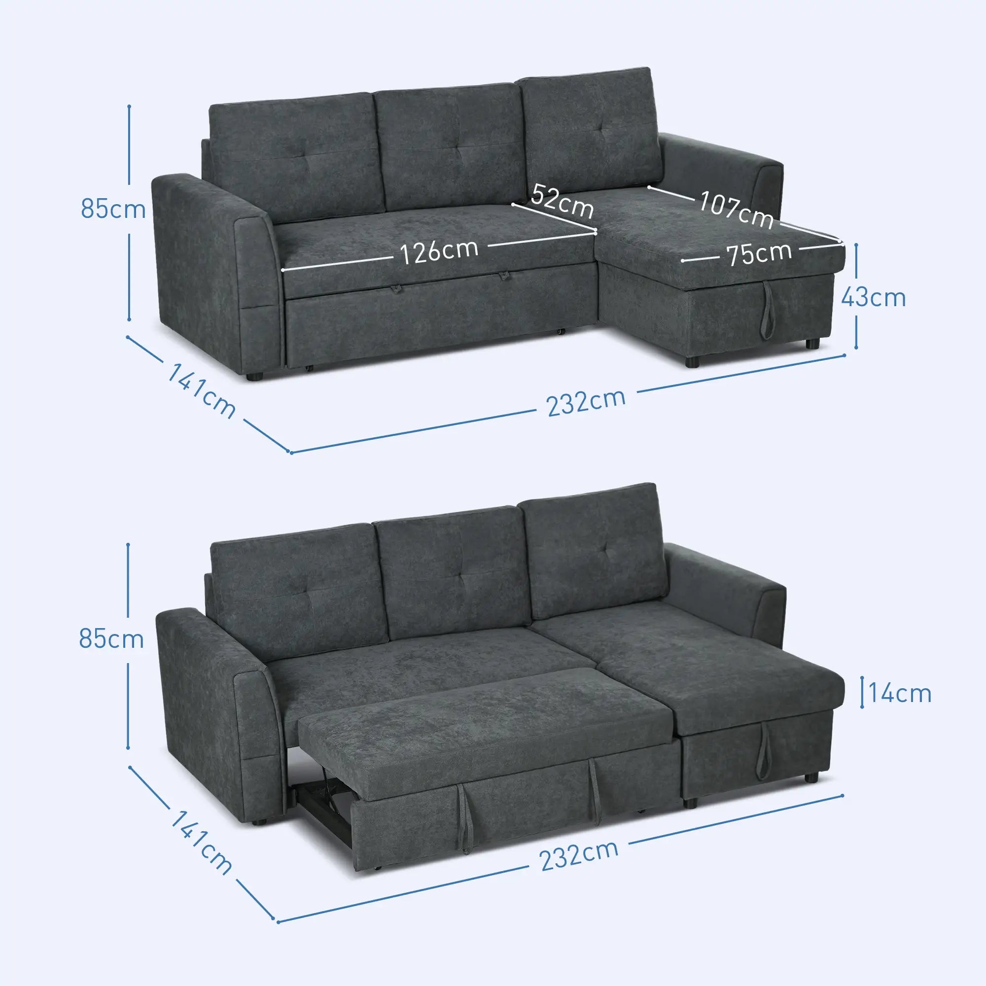 3 Seater Sofa Bed, L Shaped Pull Out Sofa Bed with Storage, Convertible Click Clack Settee Sectional Sleeper Futon for Living Room, Office, Dark Grey