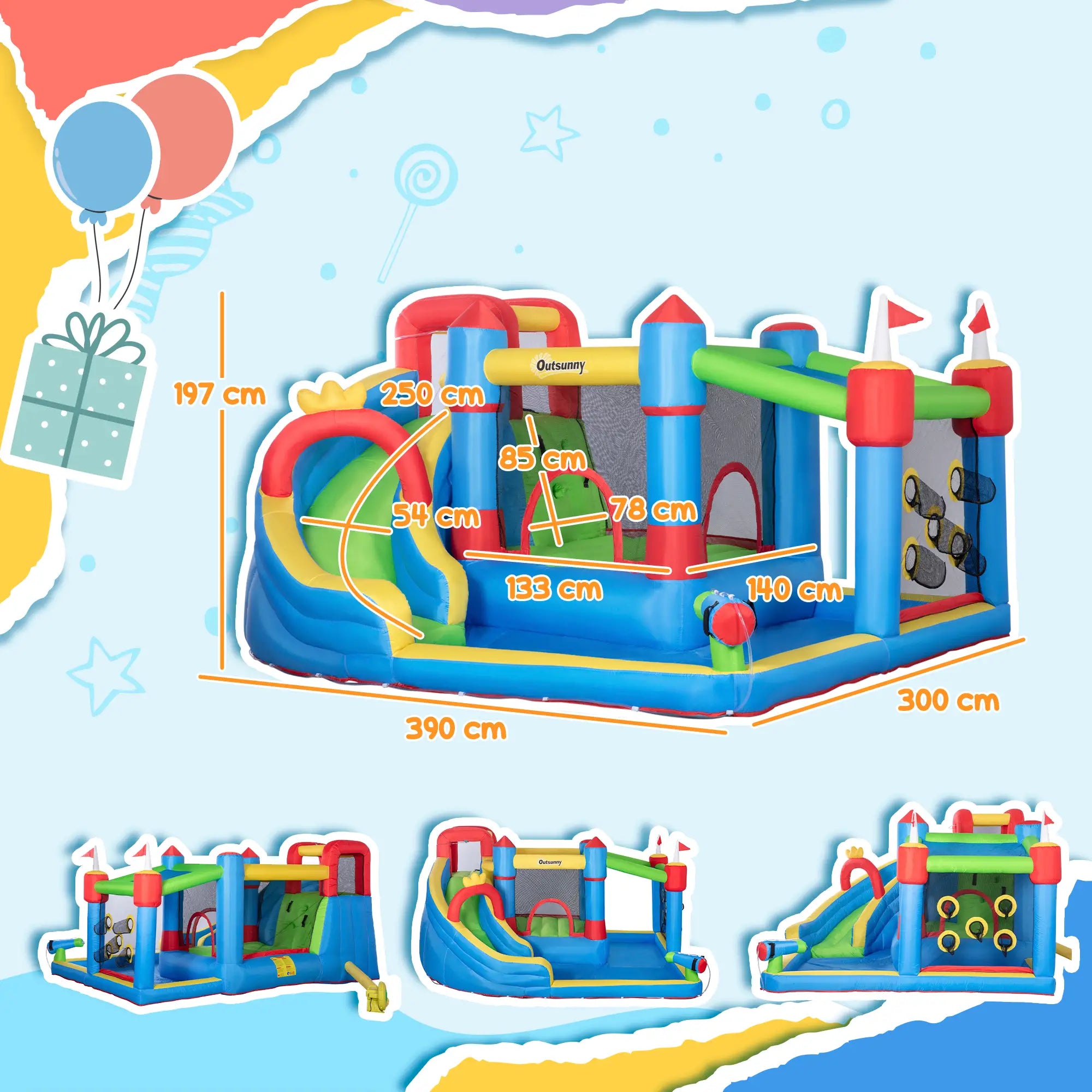 Kids Inflatable Bouncy Castle Water Slide 6 in 1 Bounce House Jumping Castle Water Gun Climbing Wall with Air Blower for Age 3-8, 3.9 x 3 x 2m