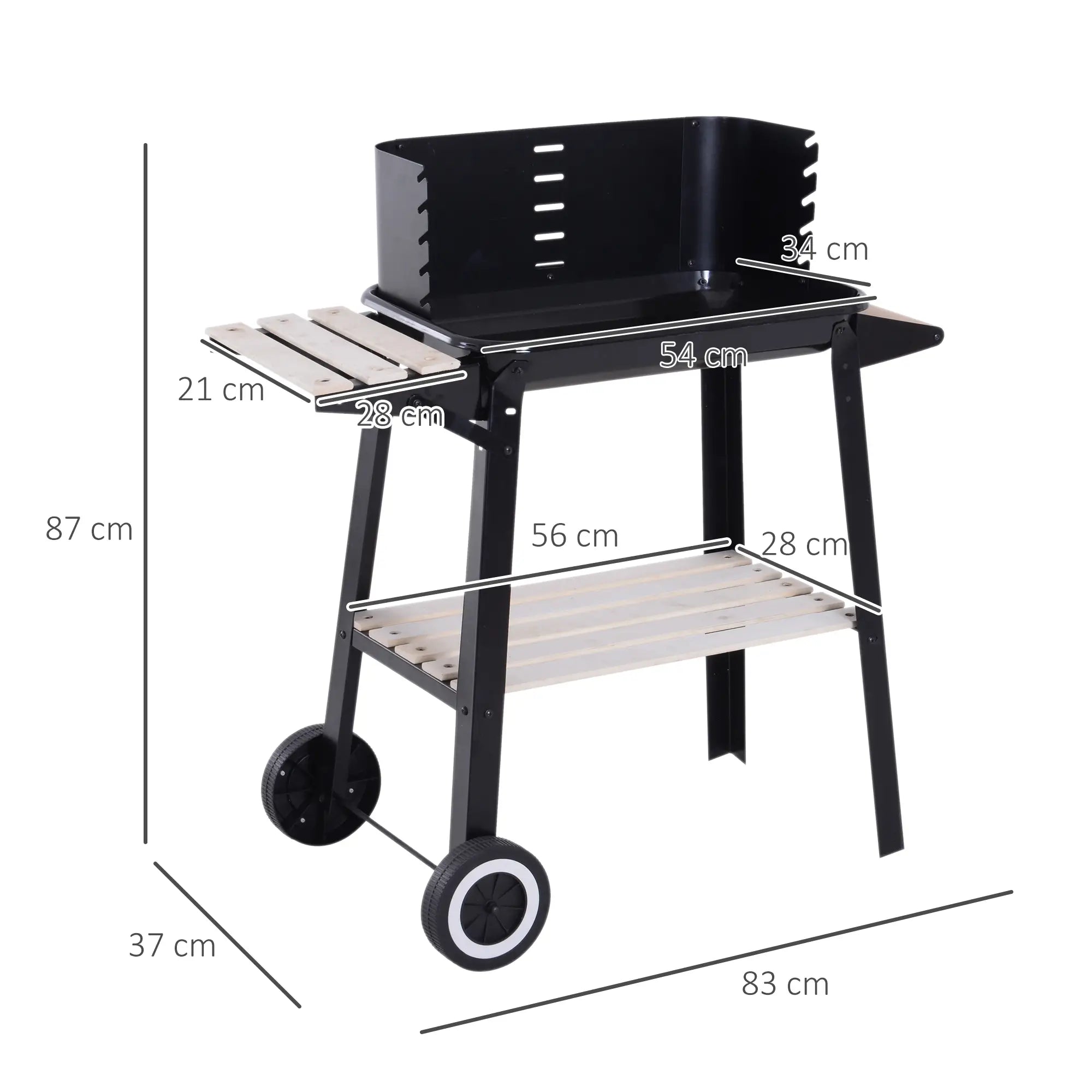 Trolley Charcoal BBQ Barbecue Grill Outdoor Patio Garden Heating Smoker with Side Trays Storage Shelf and Wheels