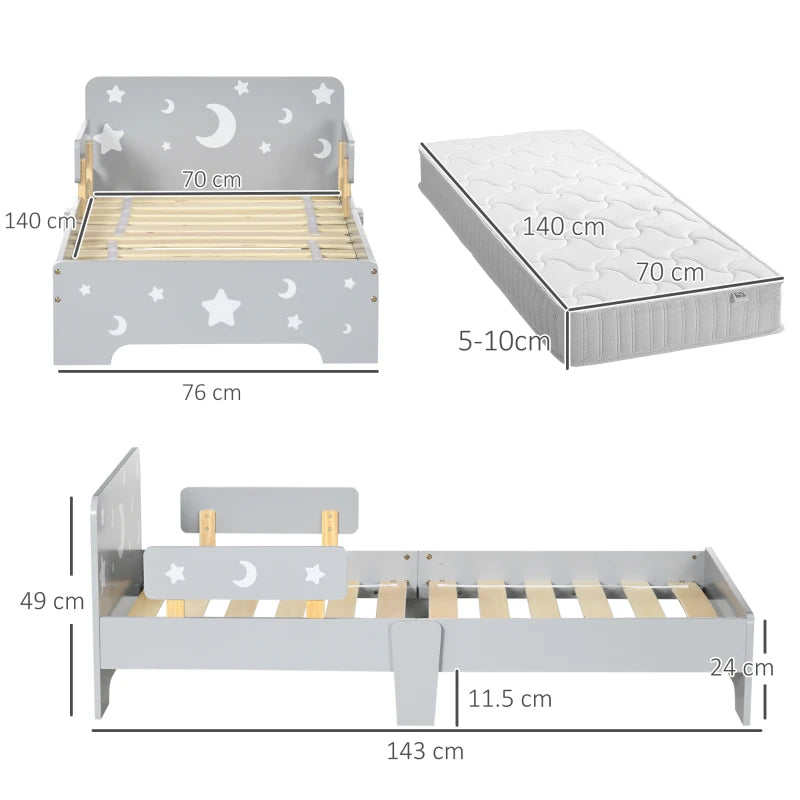 Kids Toddler Bed, with Star and Moon Patterns, Side Rails, for Ages 3-6 Years - Grey