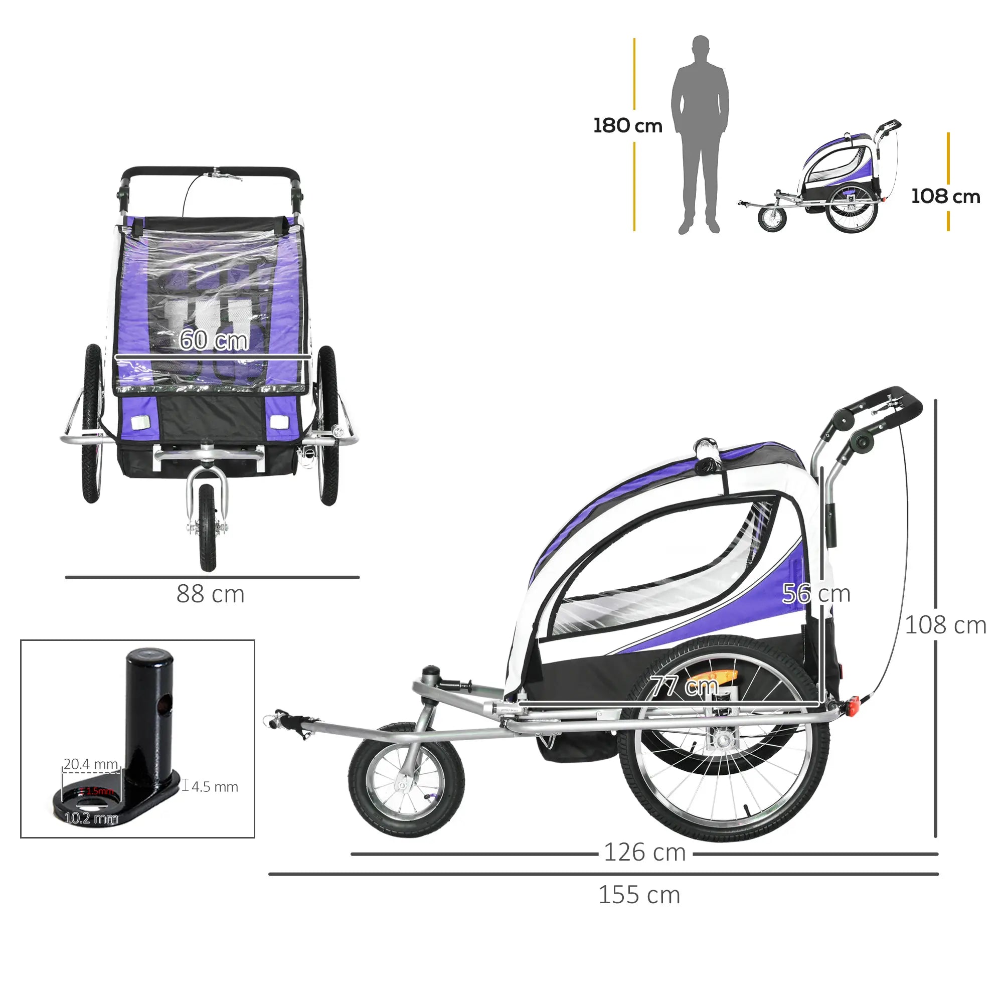 Baby Bike Trailer, Child Bicycle Trailer with 5 Point Harness, Steel Frame, Reflectors, Safety Flag, Hitch Coupler, Purple