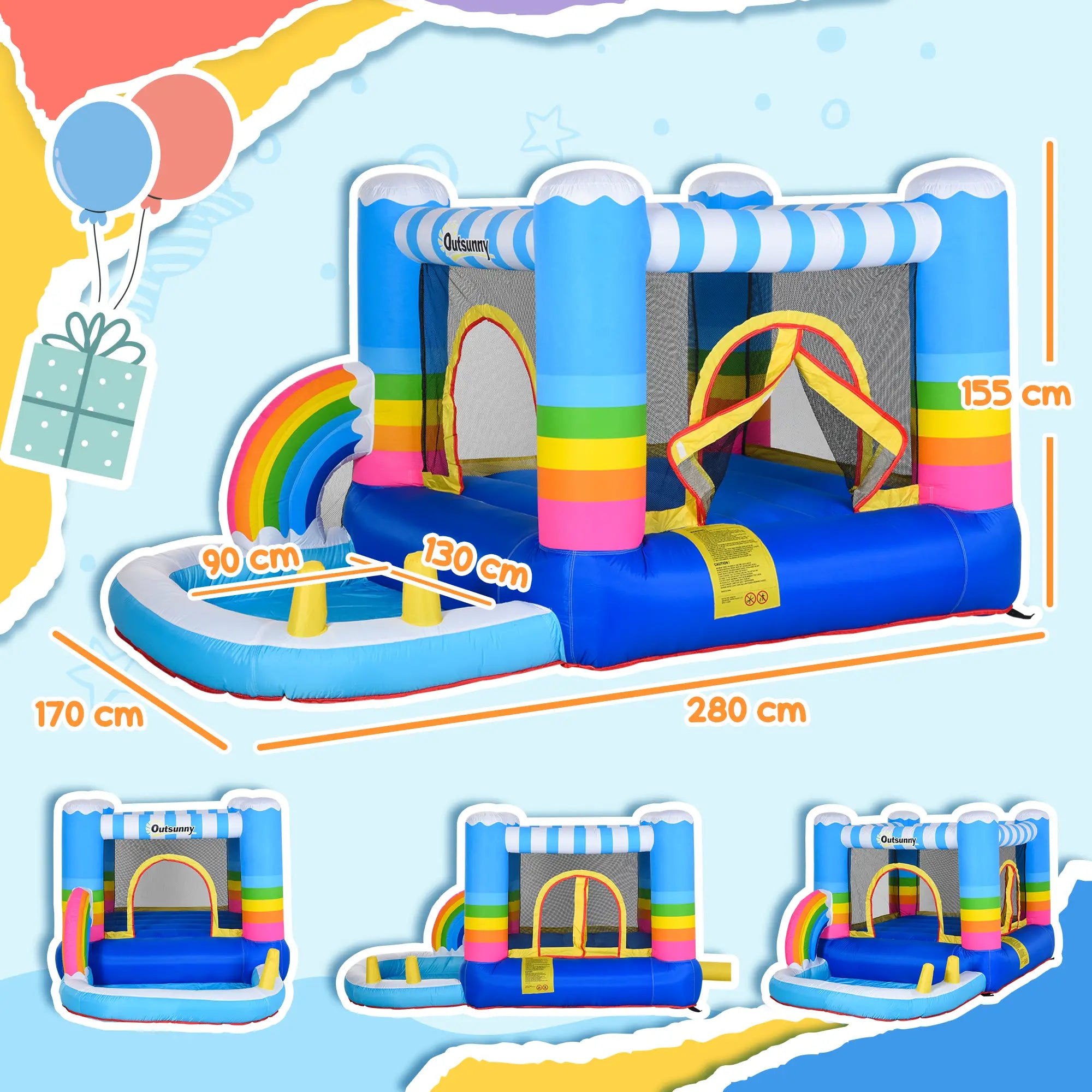 Kids Bounce Castle Inflatable House with Trampoline Pool Climbing Wall with Inflator Carrybag, 2.8 x 1.7 x 1.55m