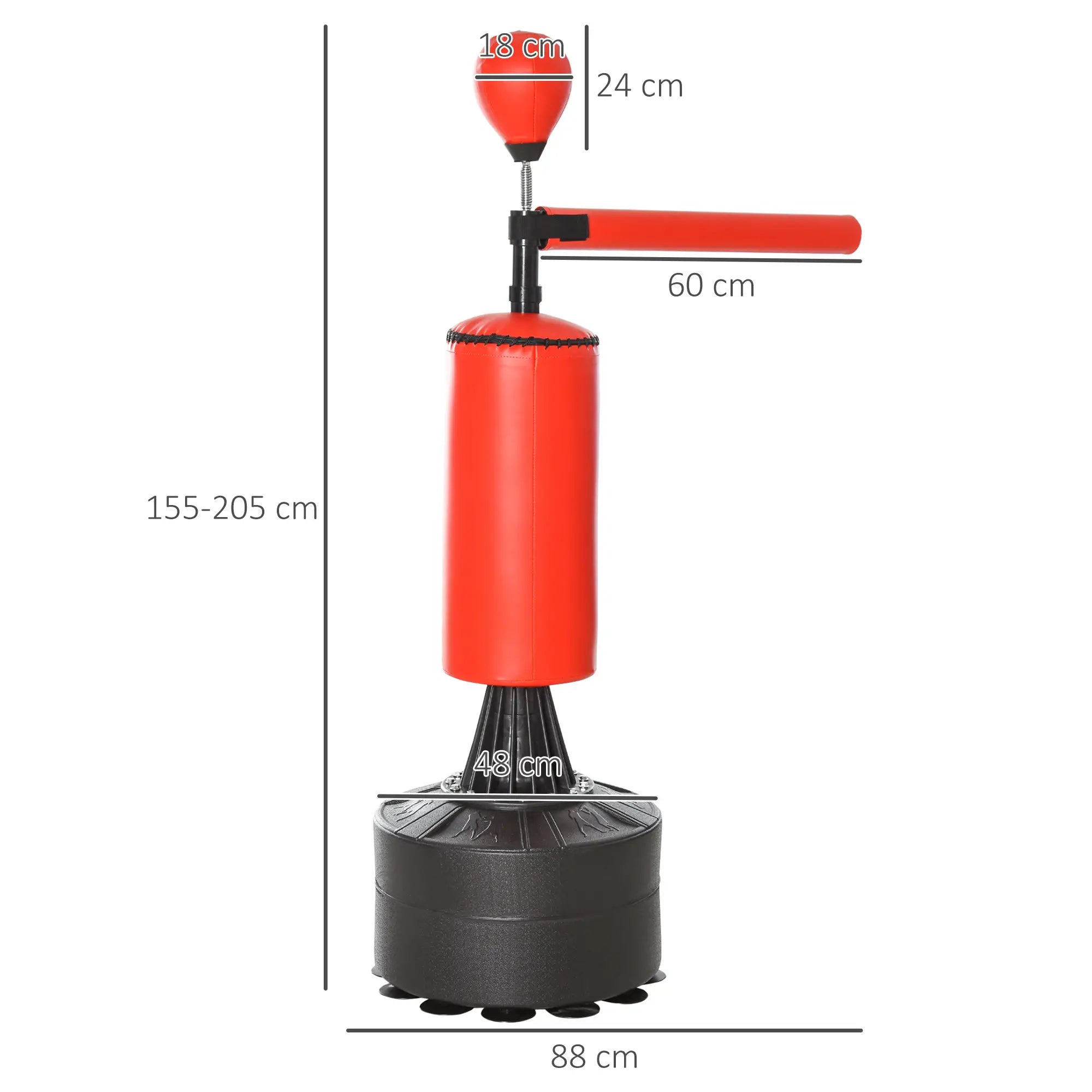 155-205cm 3-IN-1 Freestanding Boxing Punching Bag Stand, Boxing Speed Trainer with Rotating Flexible Arm, Speed Ball, Fillable Base, Red