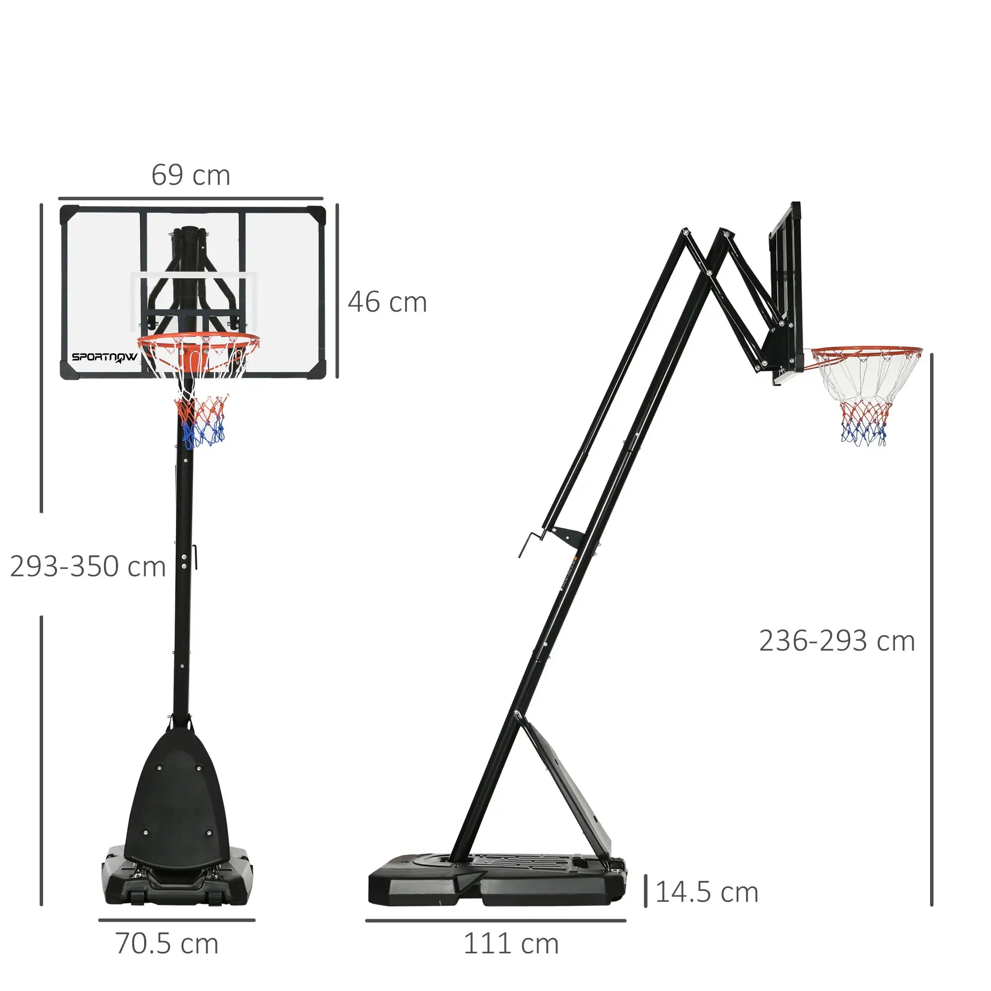 2.4-2.9m Adjustable Basketball Hoop and Stand with Weighted Base, Portable on Wheels, Black