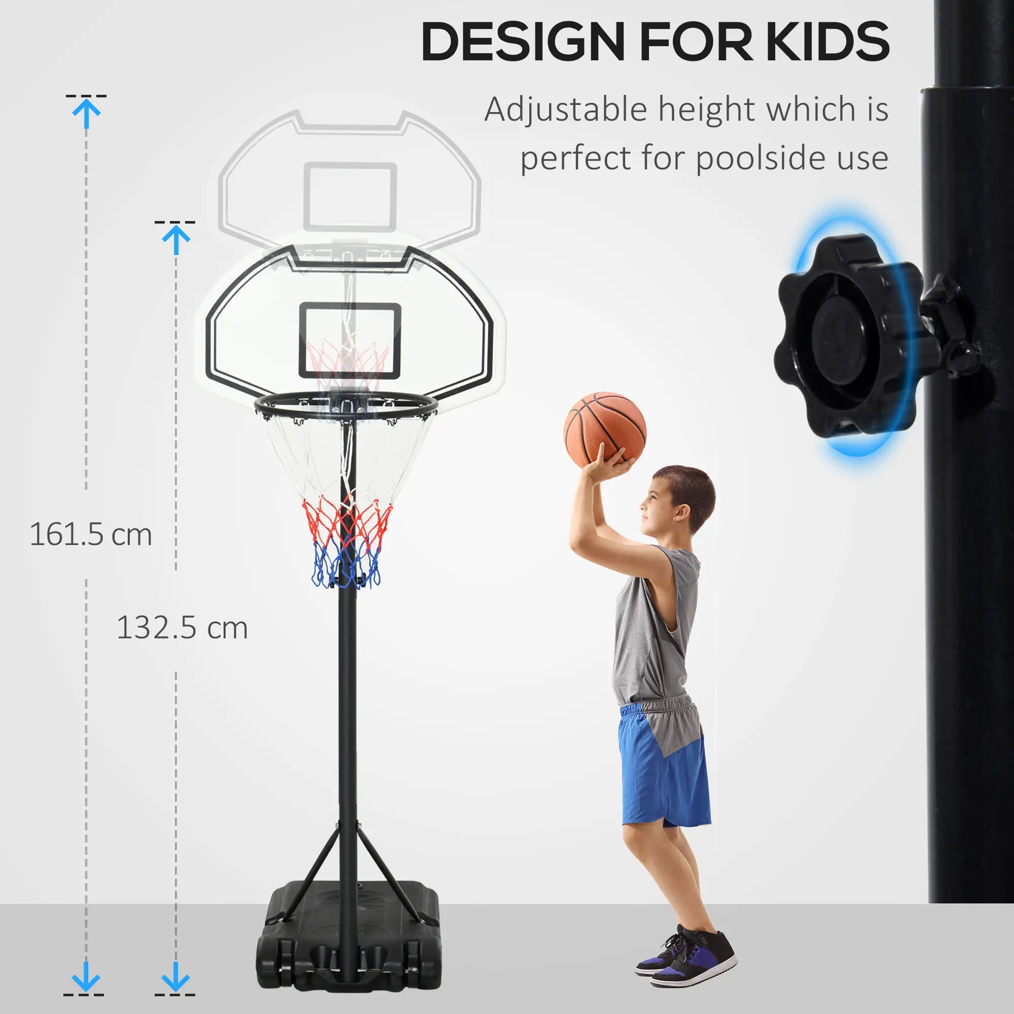 Portable Basketball Stand 94-123cm Basket Height Adjustable Hoop For Adults Suitable for Pool Side