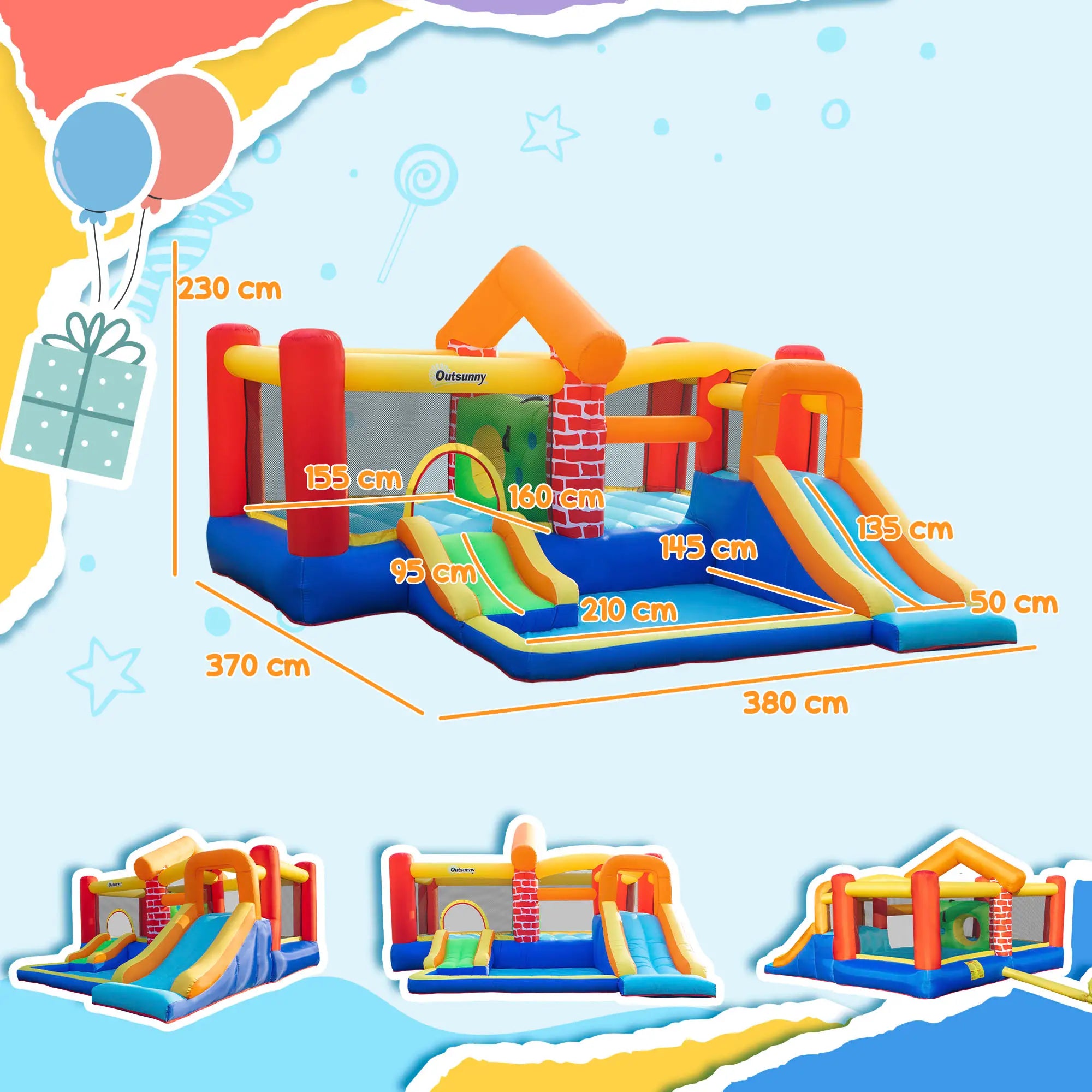 4 in 1 Kids Bouncy Castle Extra Large Double Slides & Trampoline Design Inflatable House Pool Climbing Wall with Blower Carrybag for Kids Age 3-8, 3.8 x 3.7 x 2.3m