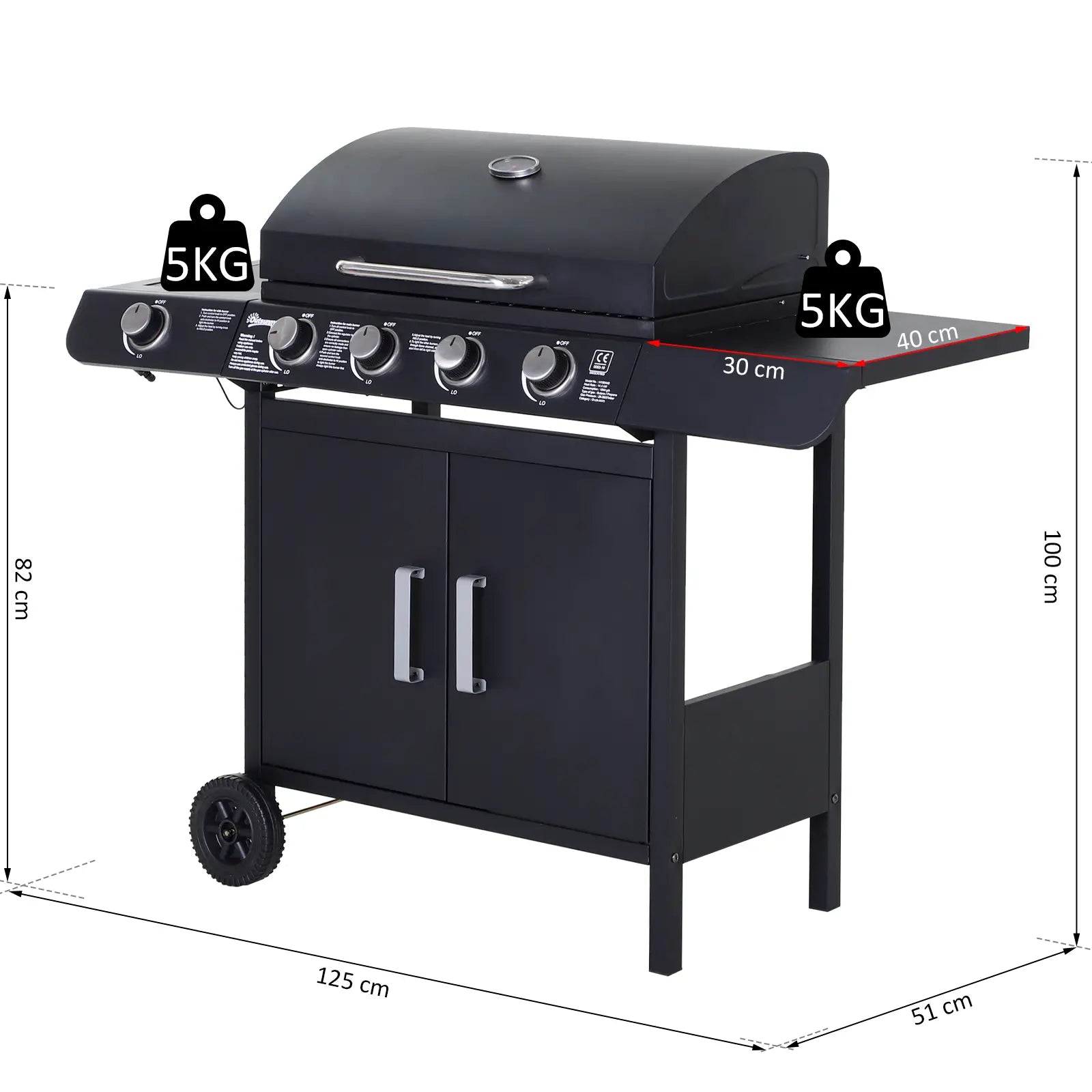 4+1 Burner Gas BBQ Grill, Outdoor Barbecue Trolley with Wheels, Warming Rack, Side Shelves, Cabinet, Thermometer for Garden, Party, Camping, 125 L x 51 W x 100 H cm, Black
