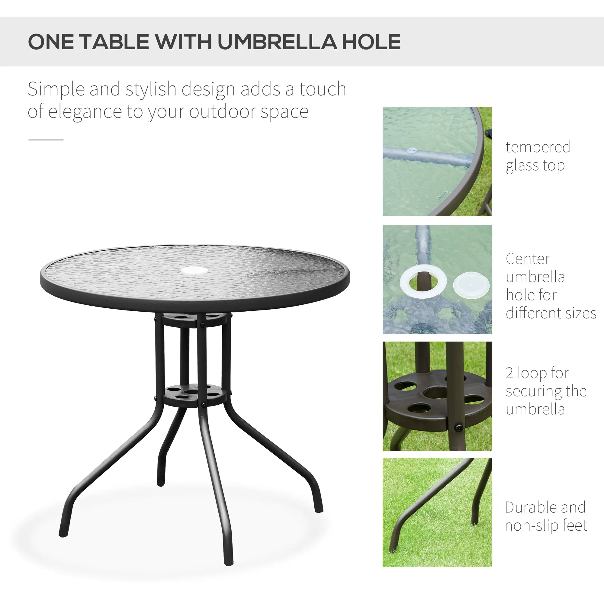 6 Piece Garden Dining Set with Umbrella, Patio Sets with Parasol with 4 Folding Dining Chairs & Round Tempered Glass Table, Black