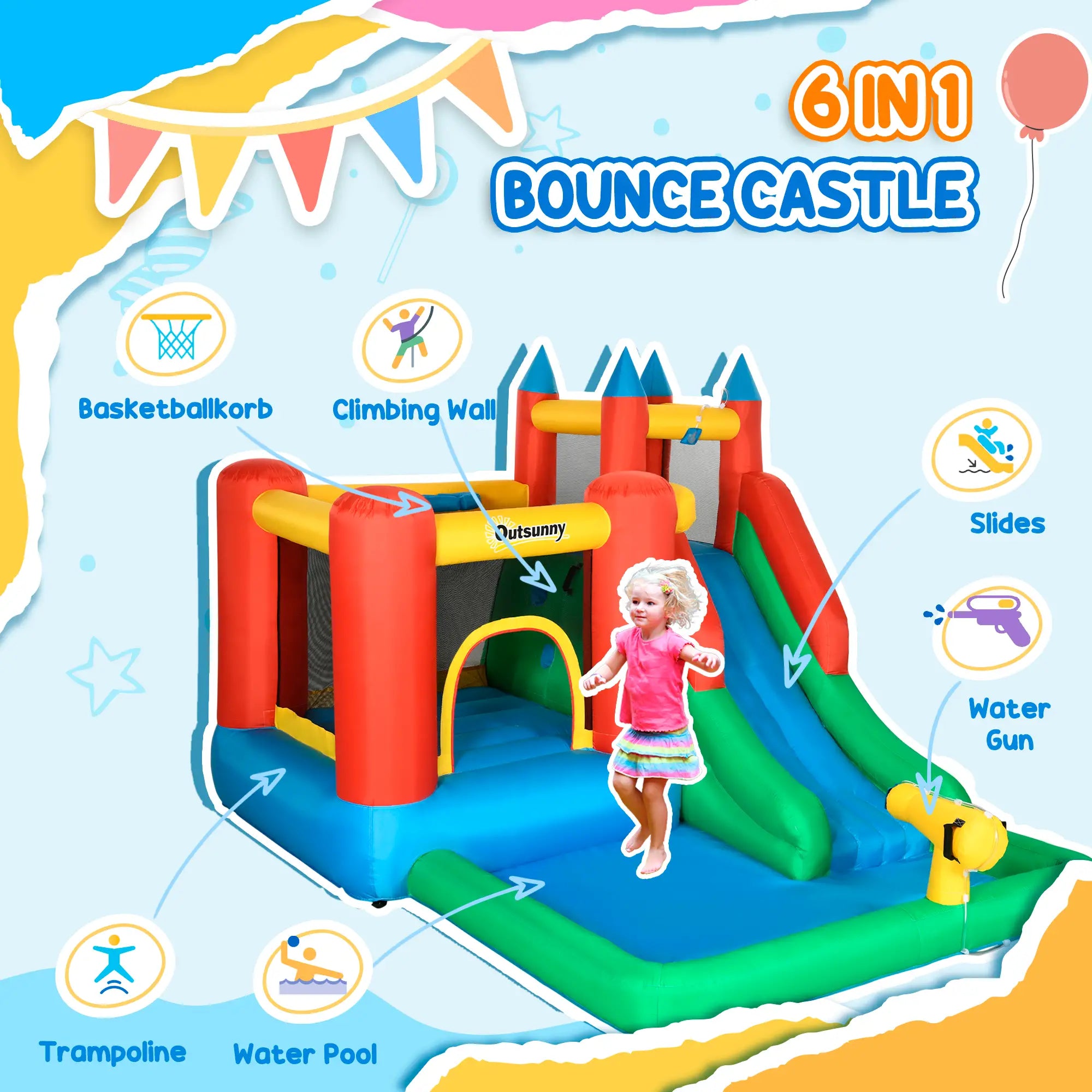 Kids Inflatable Bouncy Castle Water Slide 6 in 1 Bounce House Jumping Castle Water Pool Gun Climbing Wall Basketball Hoop with Air Blower for Summer Playland