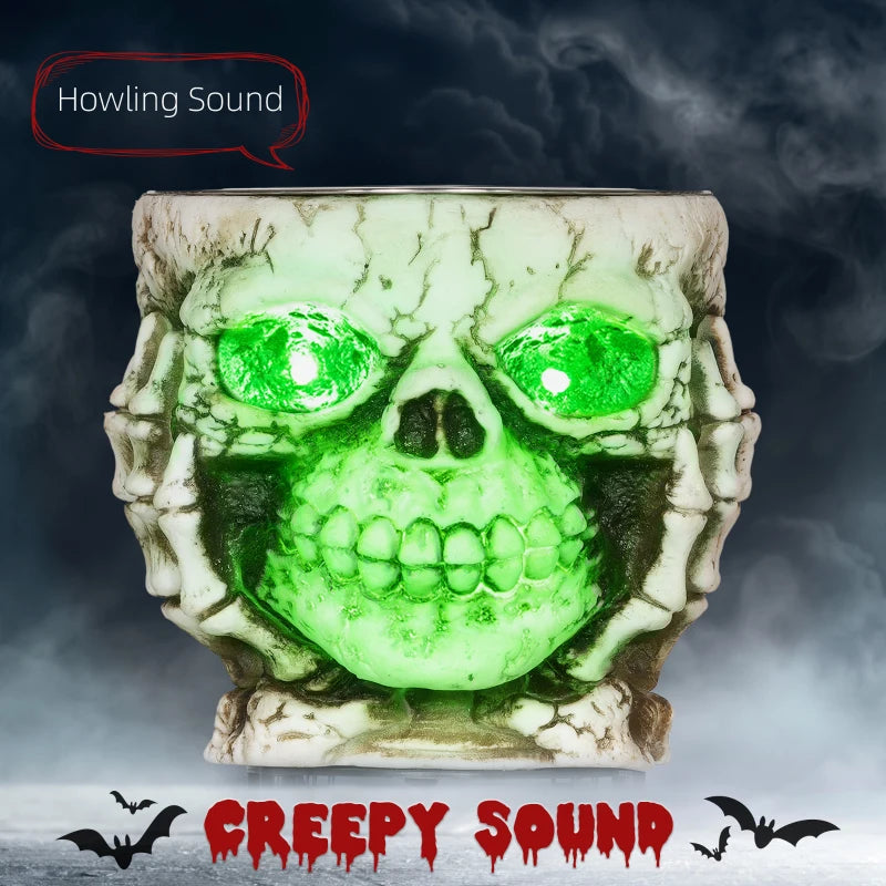 5.5" Skeleton Candy Bowl Outdoor Halloween Decoration, Halloween Prop with Sound Activated, Light Up Eyes, Sound Effects for Haunted House