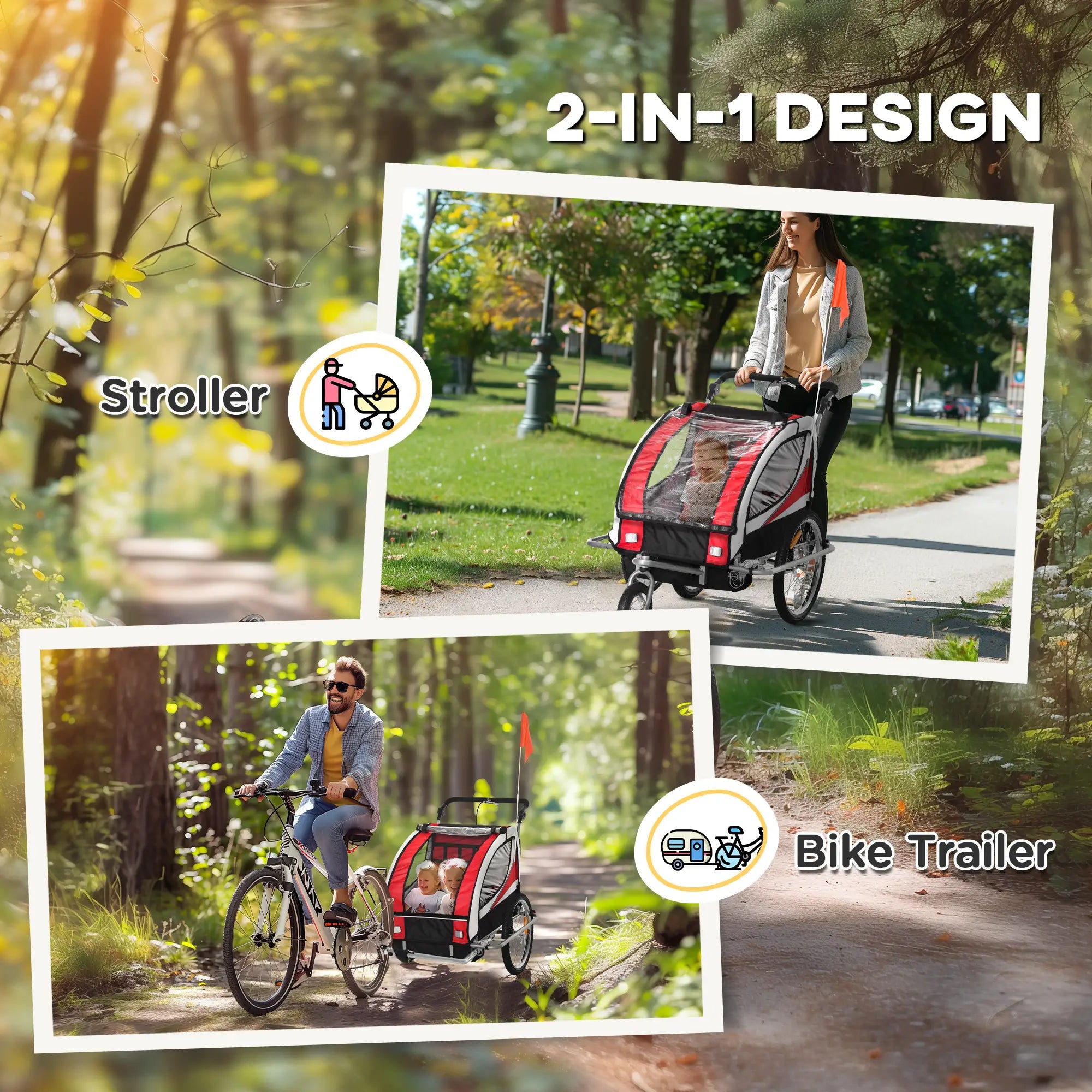 Baby Bike Trailer, Child Bicycle Trailer with 5 Point Harness, Steel Frame, Reflectors, Safety Flag, Hitch Coupler, Red