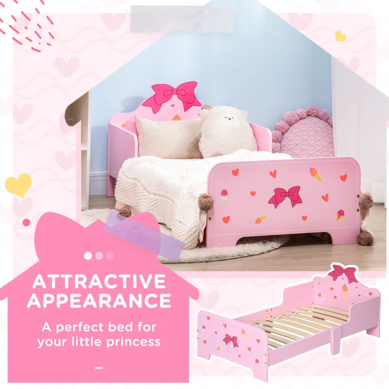 Princess-Themed Kids Toddler Bed w/ Cute Patterns, Safety Rails, for Ages 3-6 Years - Pink