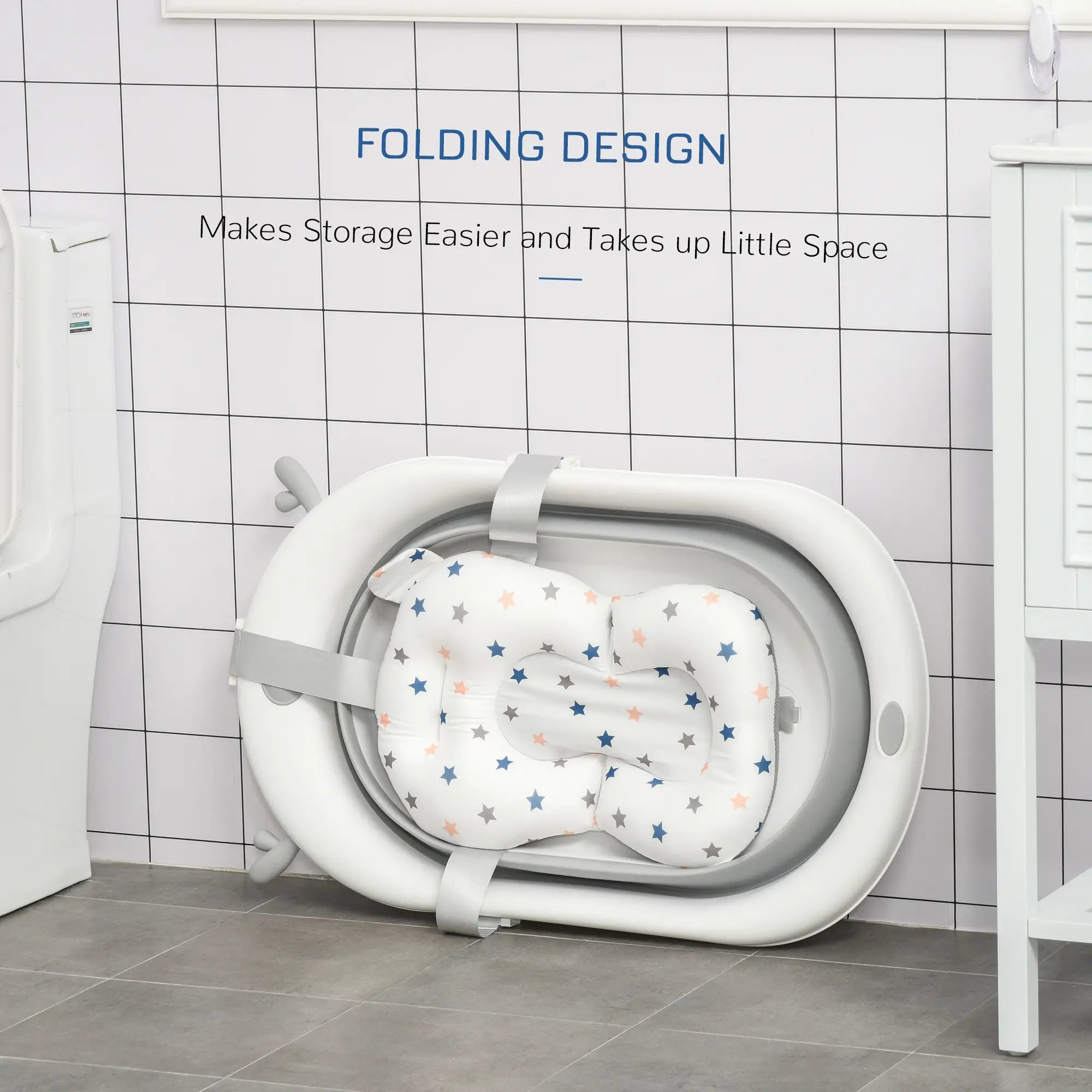 Foldable Baby Bathtub Set, Collapsible Bath Tub with Thermostatic Water Plug, Non-Slip Support, Cushion Pad, Drain Plugs, for Newborn to 3 Years - Offwhite