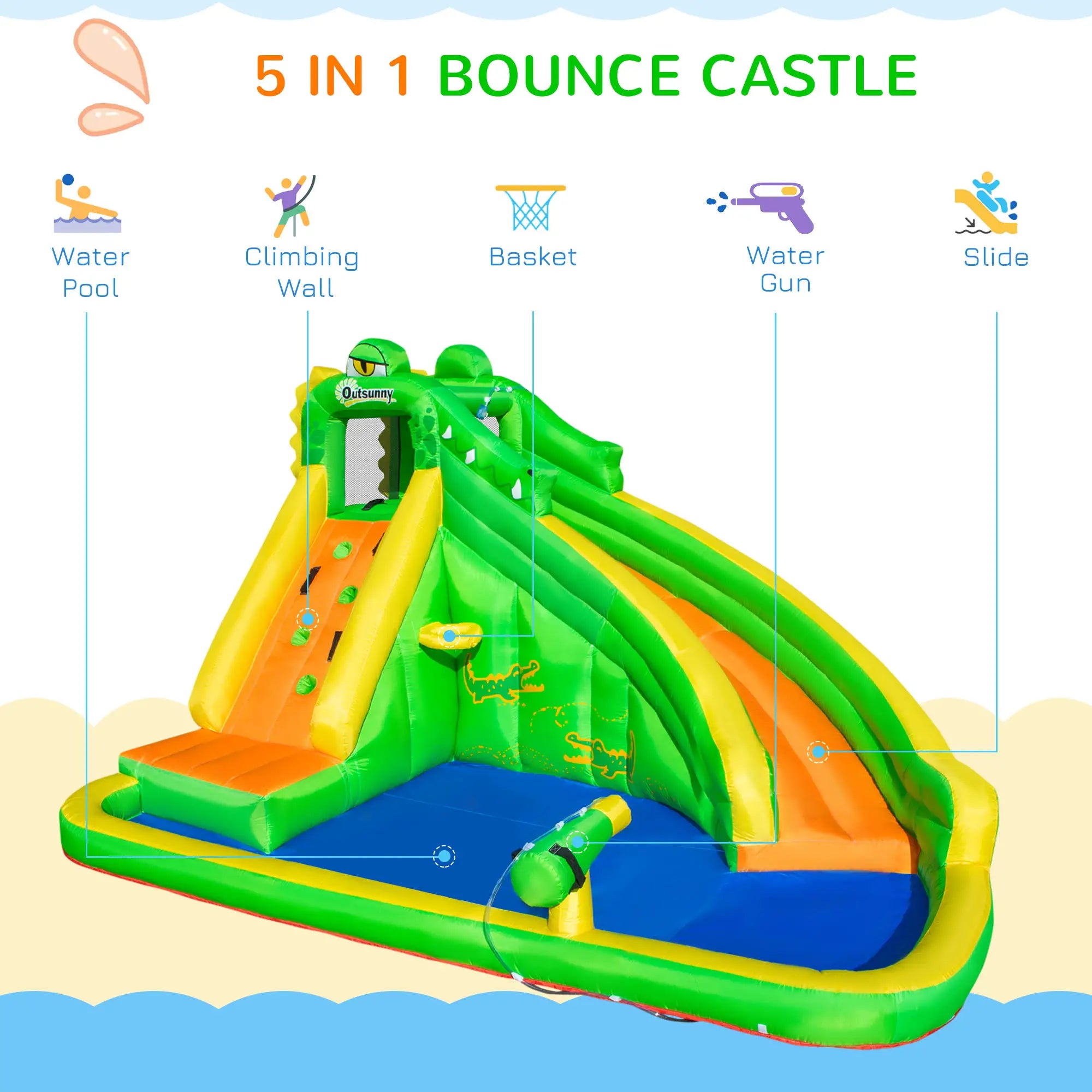 5 in 1 Kids Bouncy Castle Large Crocodile Style Inflatable House Slide Basket Water Pool Gun Climbing Wall with Blower Carrybag for Kids Age 3-8, 3.85 x 2.85 x 2.25m